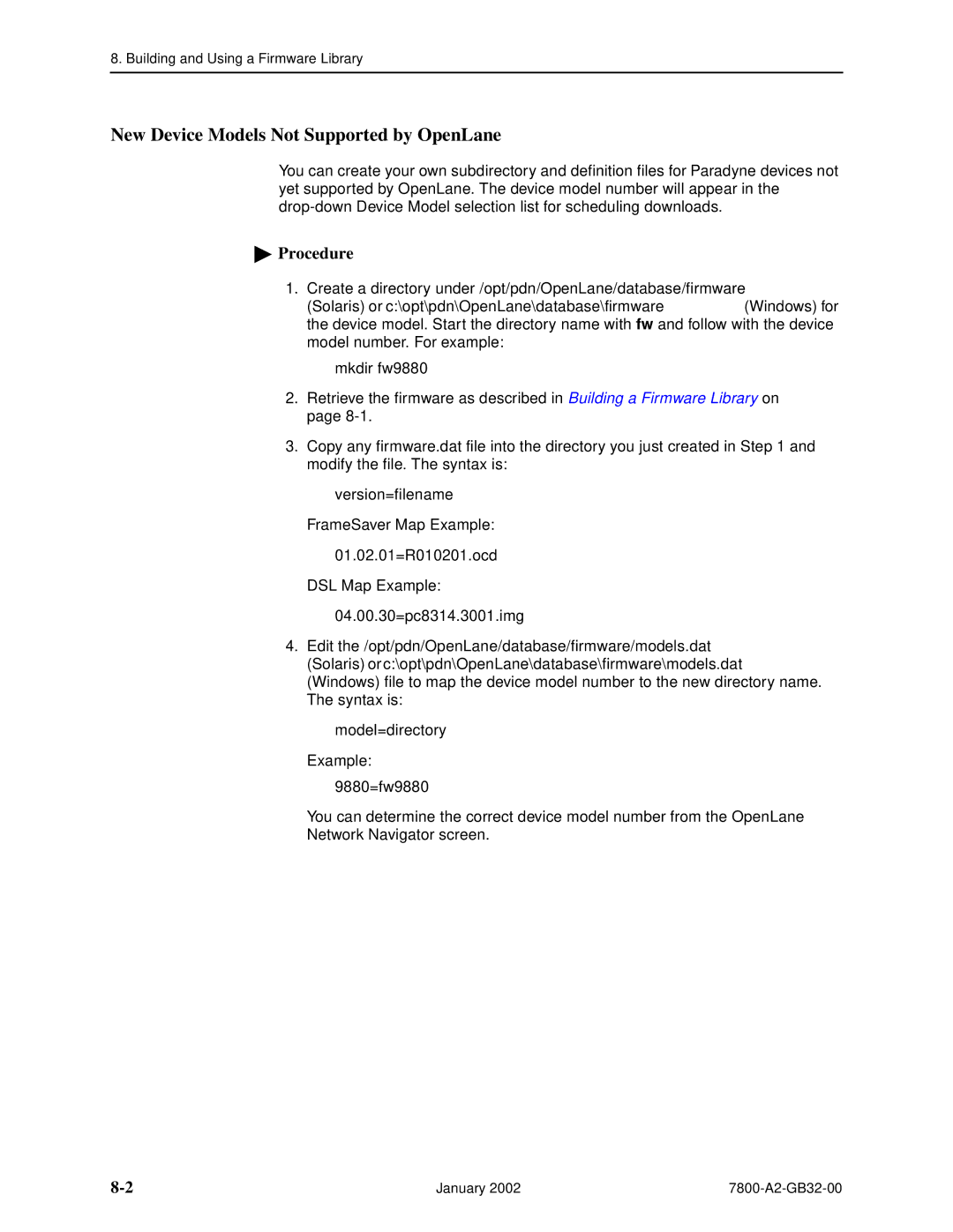 Paradyne SLM 5.5 manual New Device Models Not Supported by OpenLane, Model=directory, 9880=fw9880 