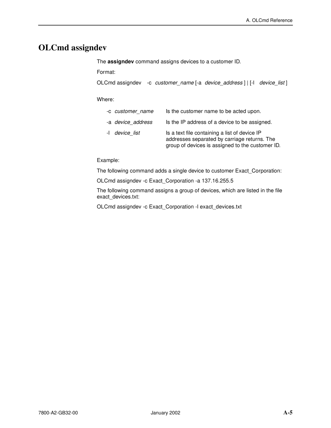 Paradyne SLM 5.5 manual OLCmd assigndev -c ExactCorporation -a, OLCmd assigndev -c ExactCorporation -l exactdevices.txt 