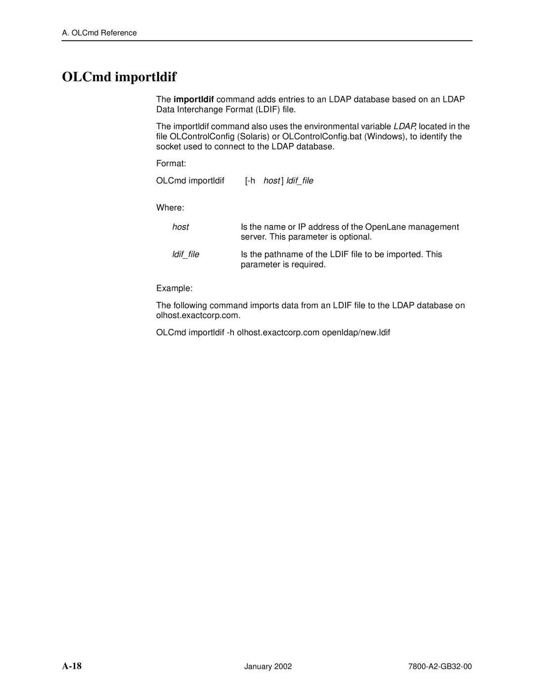 Paradyne SLM 5.5 manual OLCmd importldif -h host ldiffile, Ldiffile 