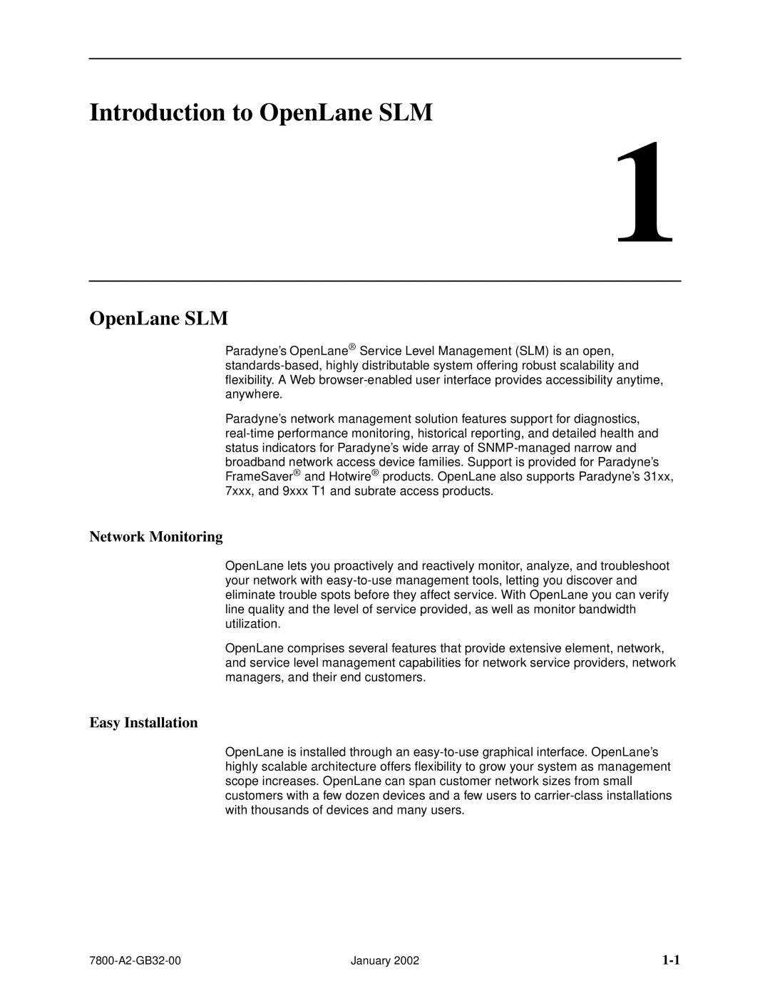 Paradyne SLM 5.5 manual Introduction to OpenLane SLM, Network Monitoring, Easy Installation 