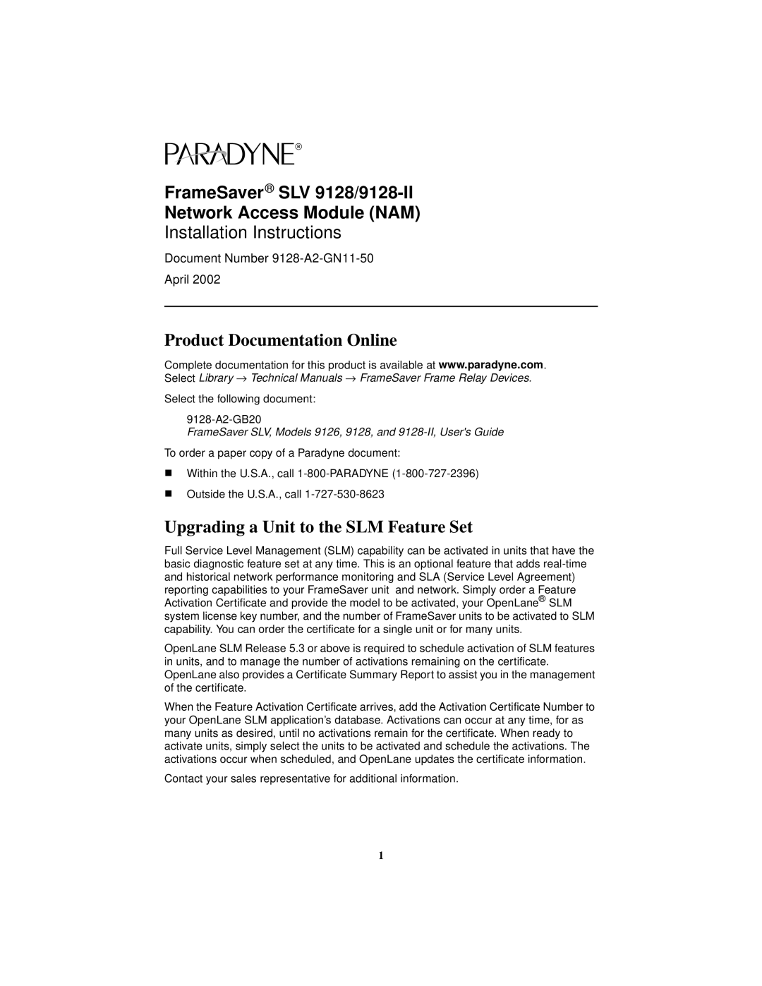 Paradyne 9128-II, SLV 9128 technical manual Product Documentation Online, Upgrading a Unit to the SLM Feature Set 