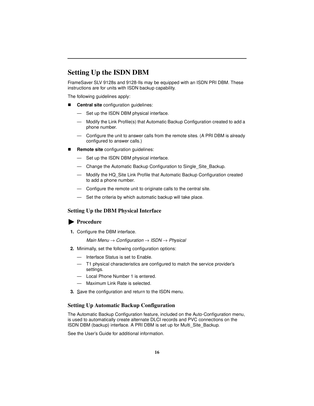 Paradyne SLV 9128, 9128-II technical manual Setting Up the Isdn DBM, Setting Up the DBM Physical Interface Procedure 