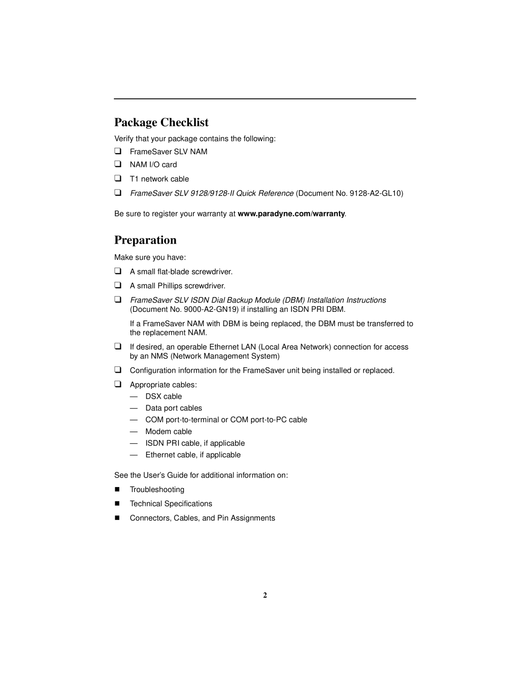 Paradyne SLV 9128, 9128-II technical manual Package Checklist, Preparation 