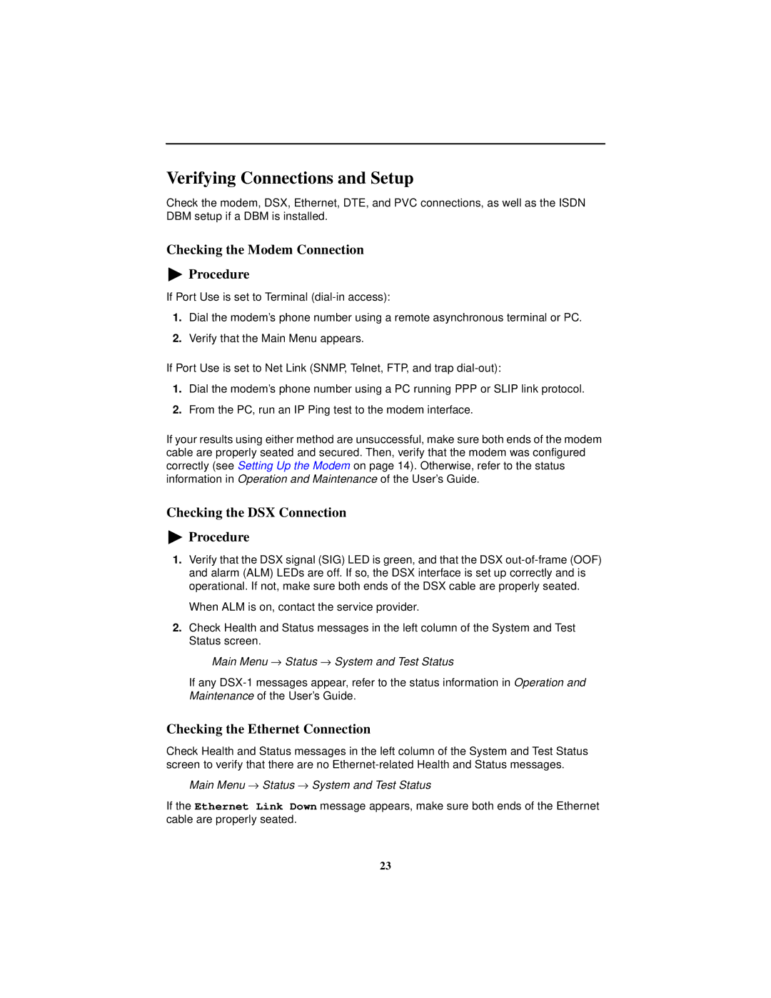 Paradyne 9128-II, SLV 9128 technical manual Verifying Connections and Setup, Checking the Modem Connection Procedure 