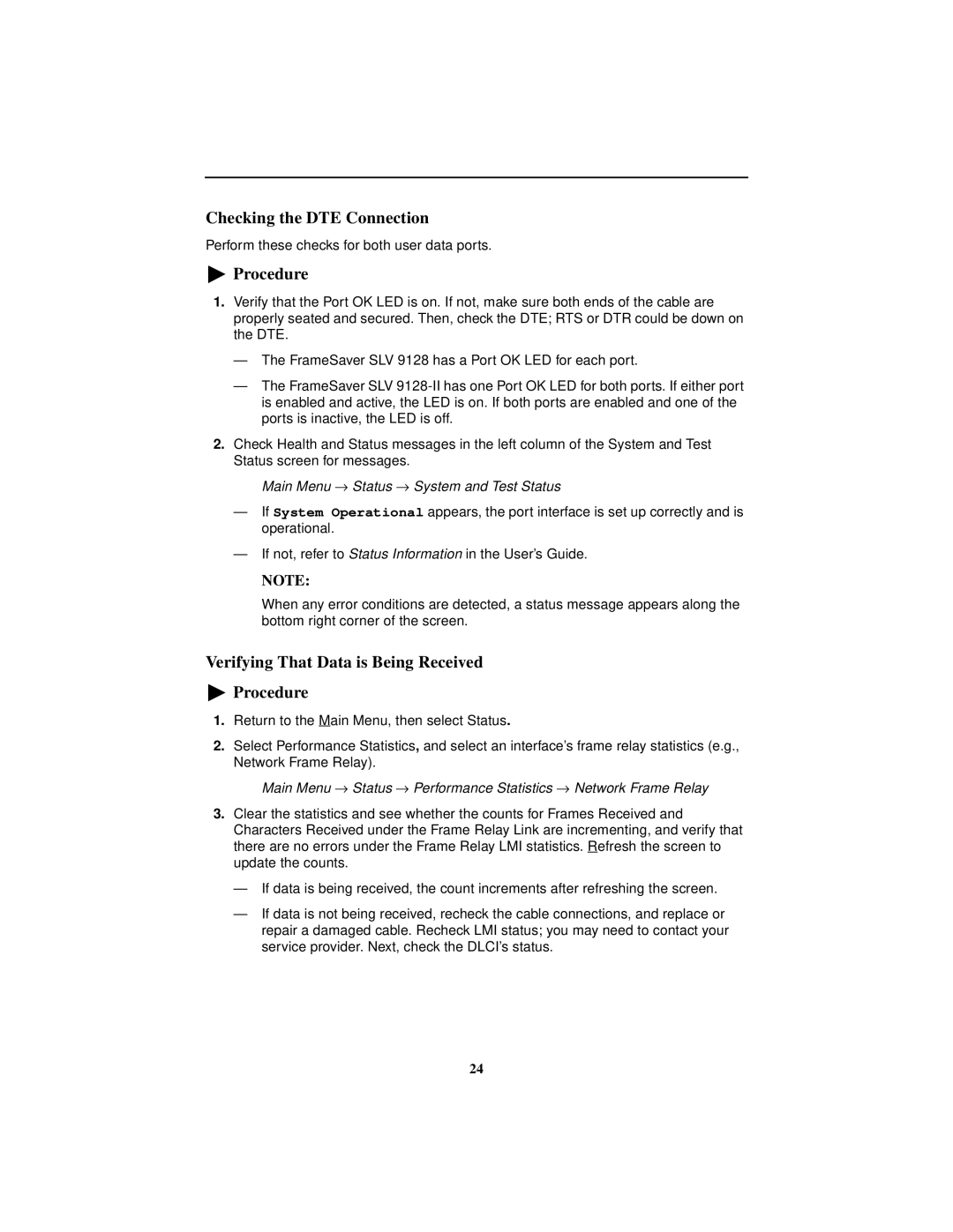 Paradyne SLV 9128, 9128-II technical manual Checking the DTE Connection, Verifying That Data is Being Received Procedure 