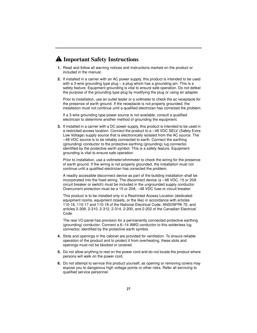 Paradyne 9128-II, SLV 9128 technical manual Important Safety Instructions 