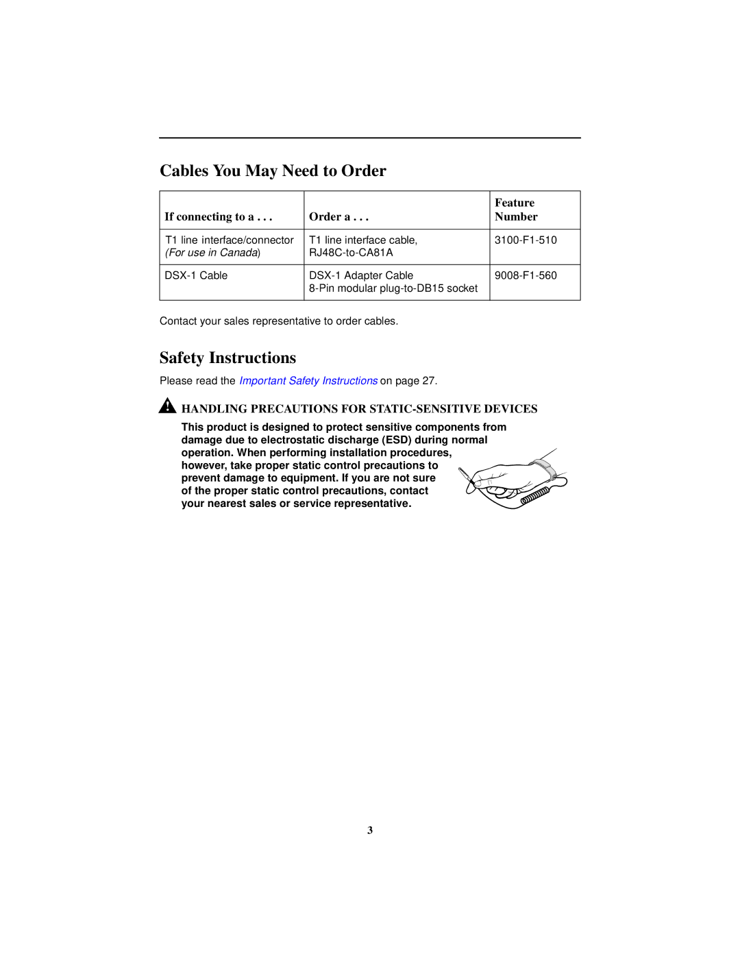 Paradyne 9128-II, SLV 9128 Cables You May Need to Order, Safety Instructions, Feature, If connecting to a Order a Number 