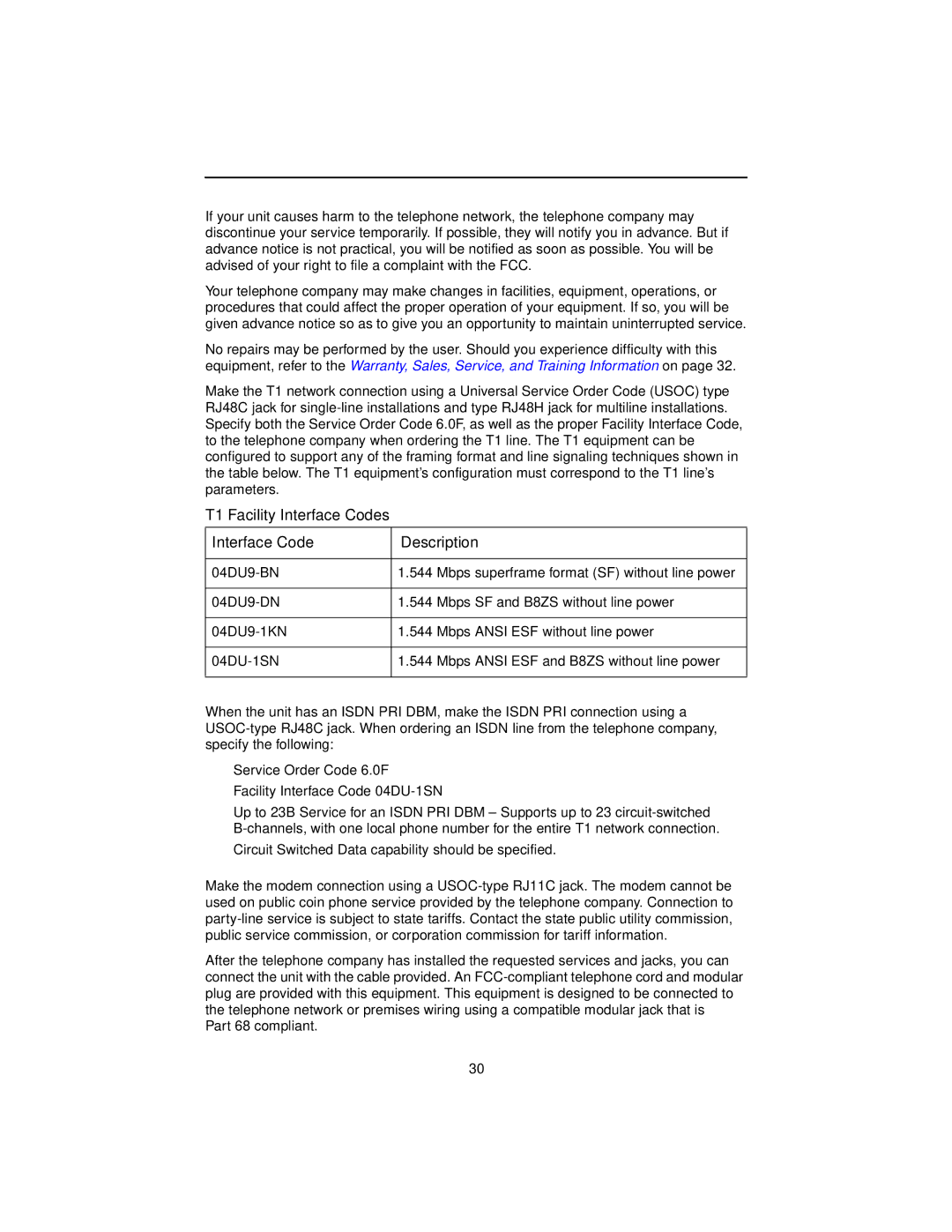 Paradyne SLV 9128, 9128-II technical manual Facility Interface Codes Description 