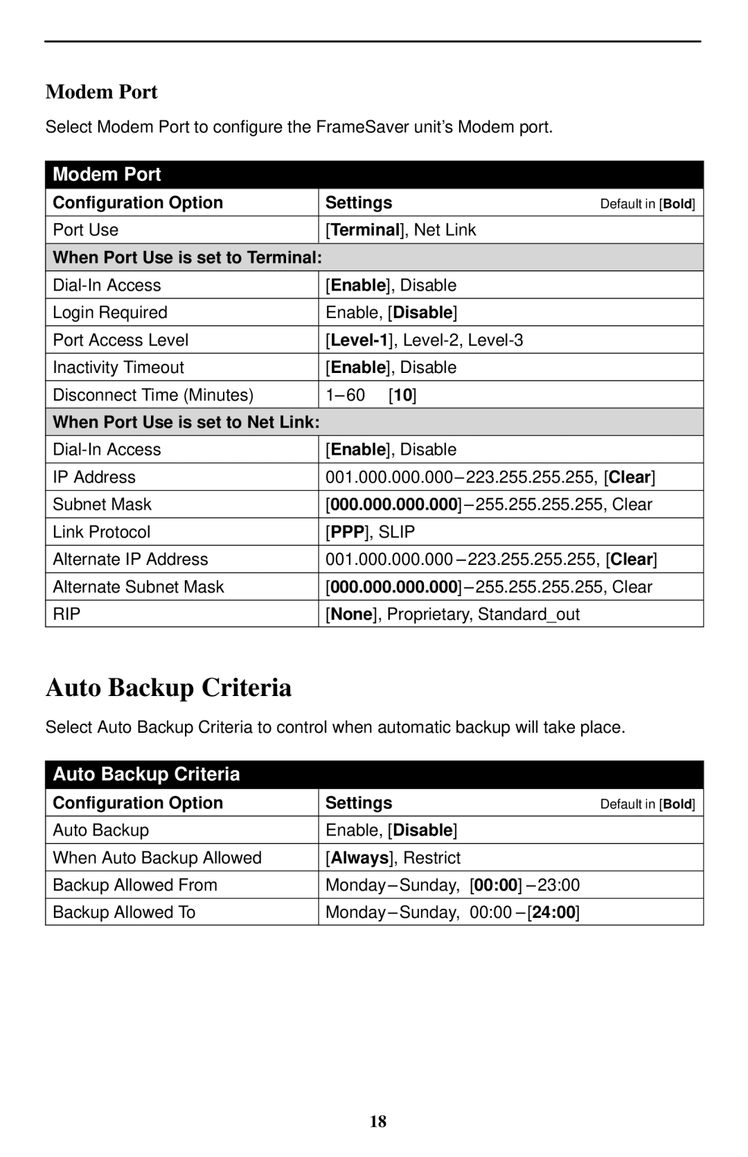 Paradyne SLV 9128, Paradyne FrameSaver technical manual Auto Backup Criteria, Modem Port 