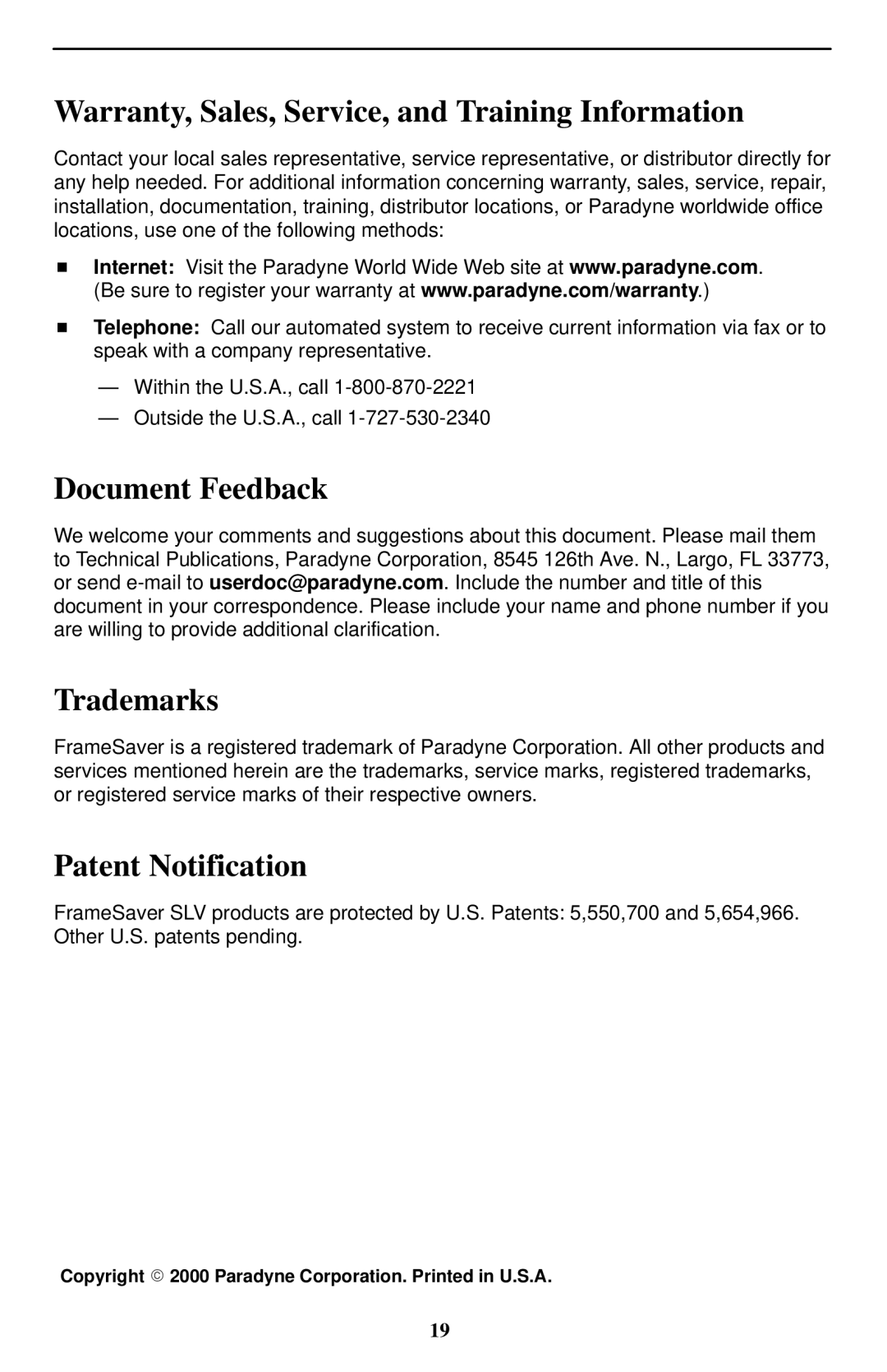 Paradyne Paradyne FrameSaver, SLV 9128 Warranty, Sales, Service, and Training Information, Document Feedback, Trademarks 