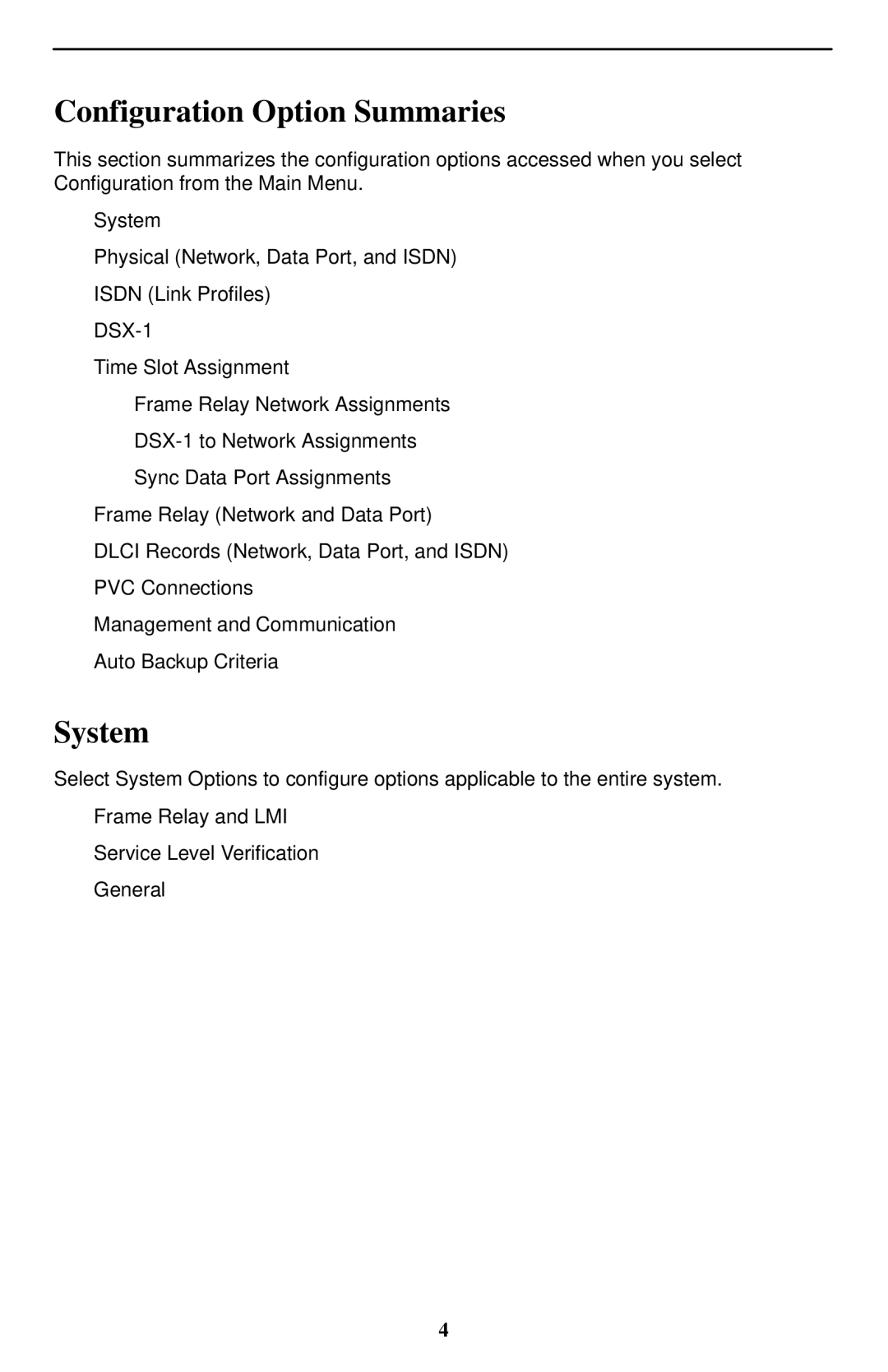 Paradyne SLV 9128, Paradyne FrameSaver technical manual Configuration Option Summaries, System 