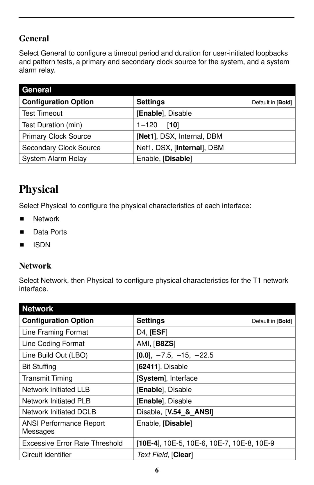 Paradyne SLV 9128, Paradyne FrameSaver technical manual Physical, General, Network 