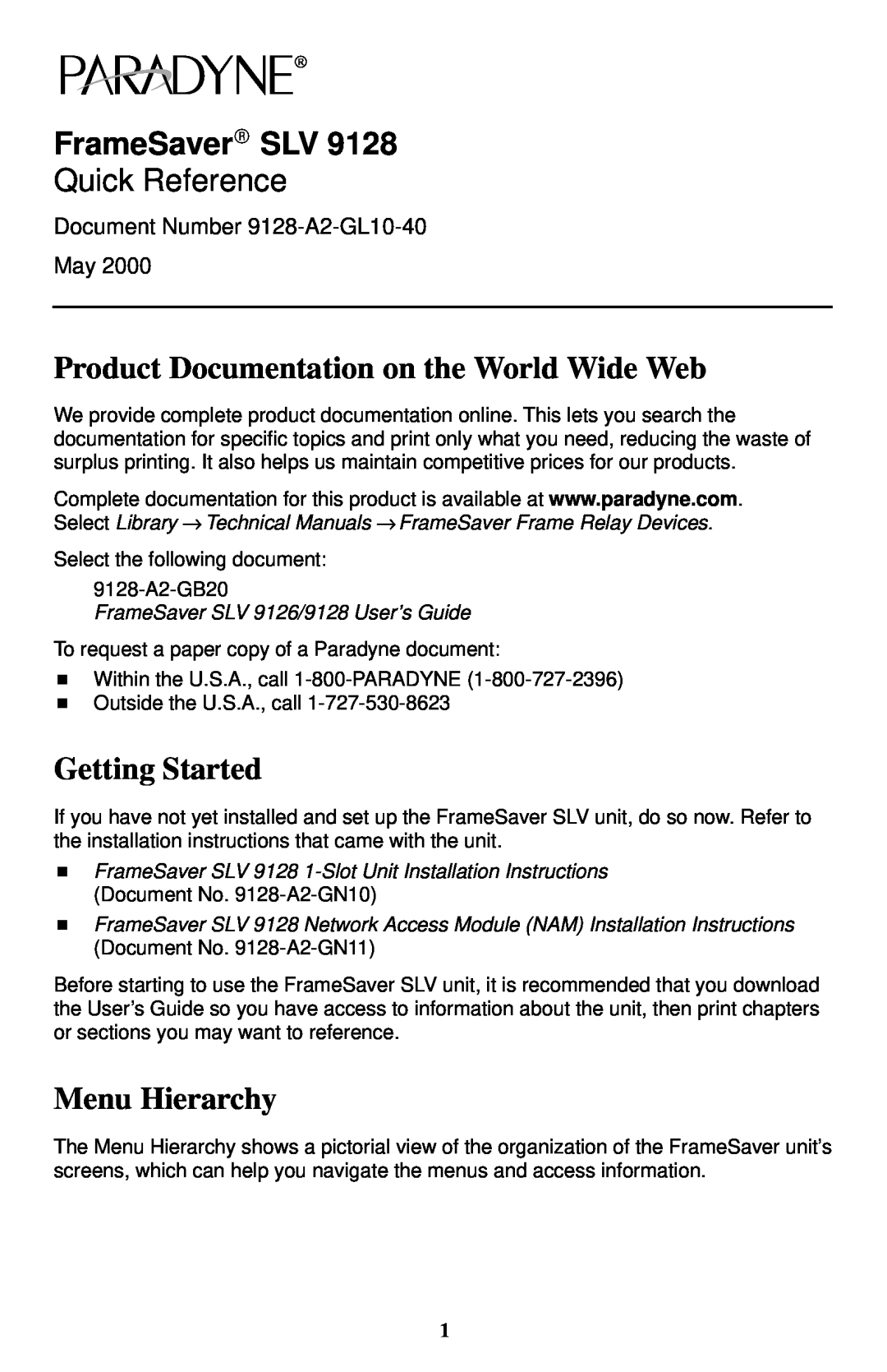 Paradyne Paradyne FrameSaver technical manual Product Documentation on the World Wide Web, Getting Started, Menu Hierarchy 
