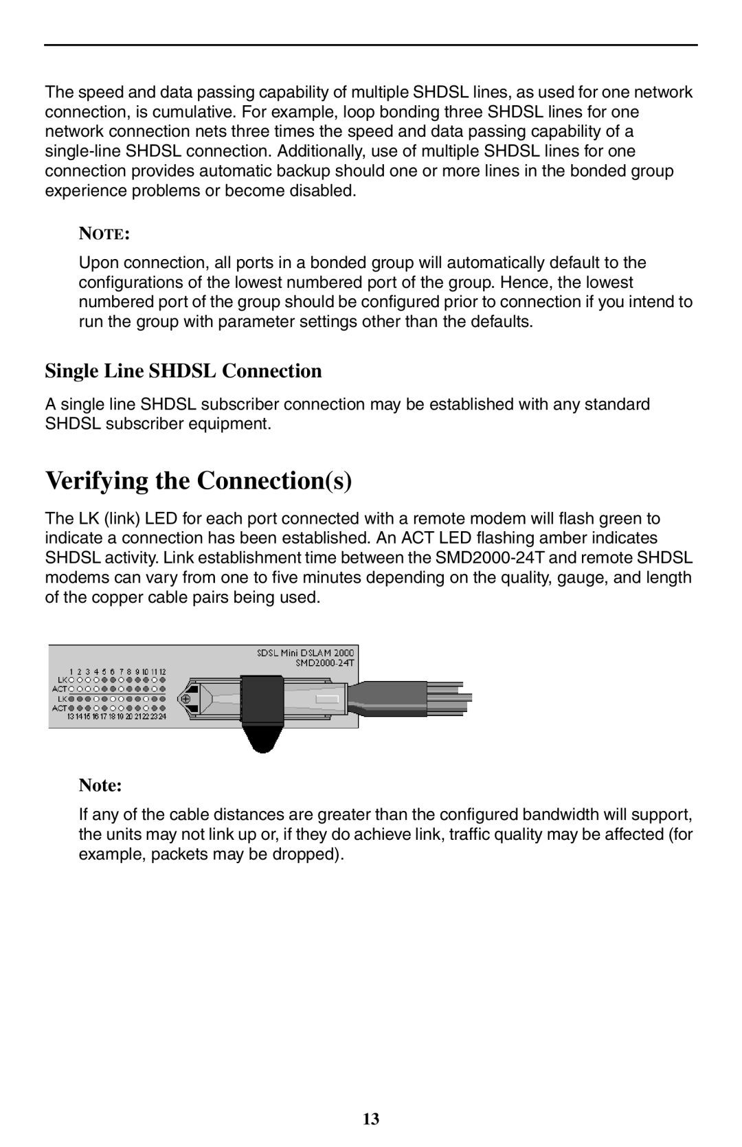 Paradyne SMD2000-24T installation instructions Verifying the Connections, Single Line Shdsl Connection 