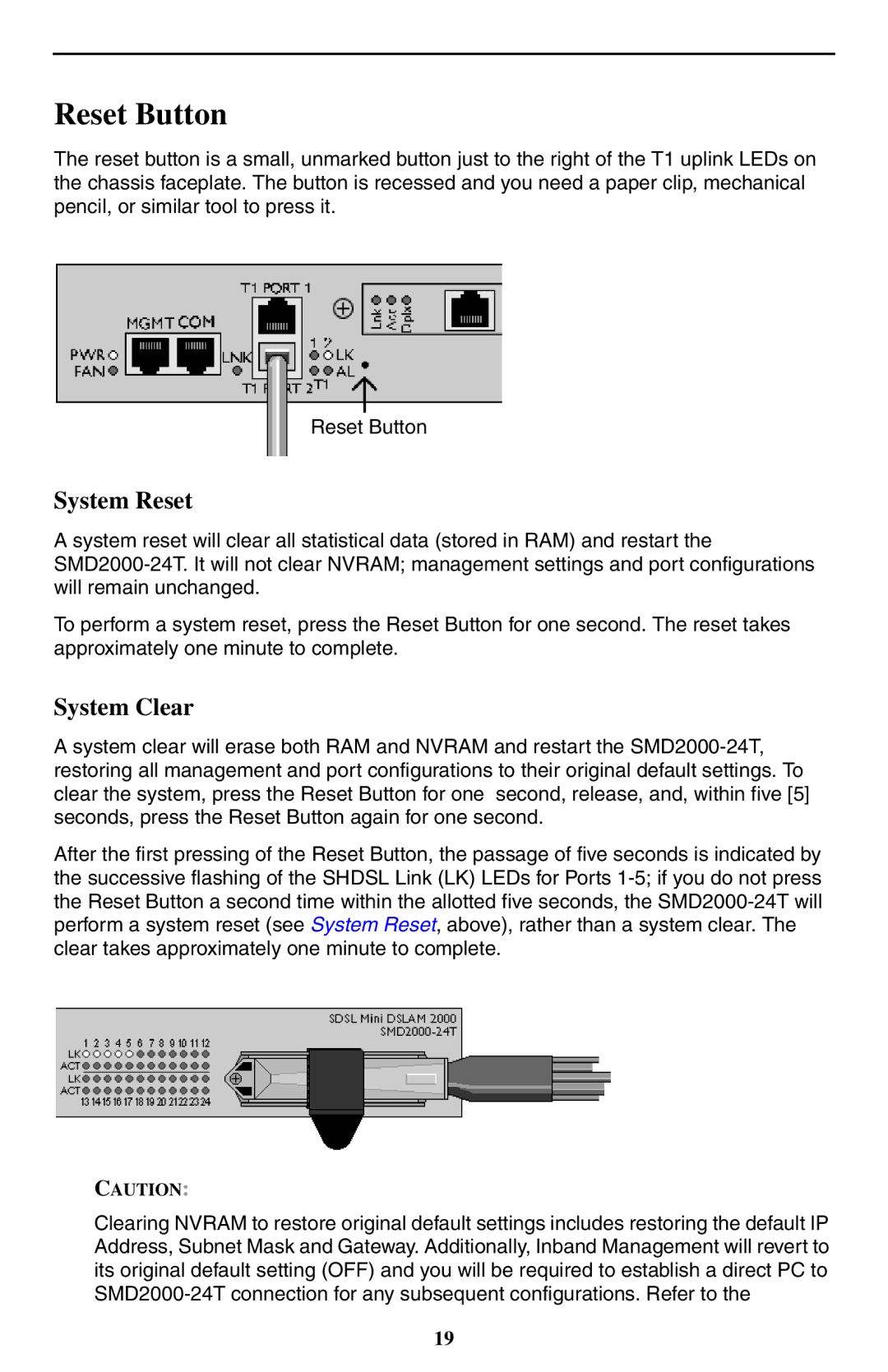 Paradyne SMD2000-24T installation instructions Reset Button, System Reset, System Clear 