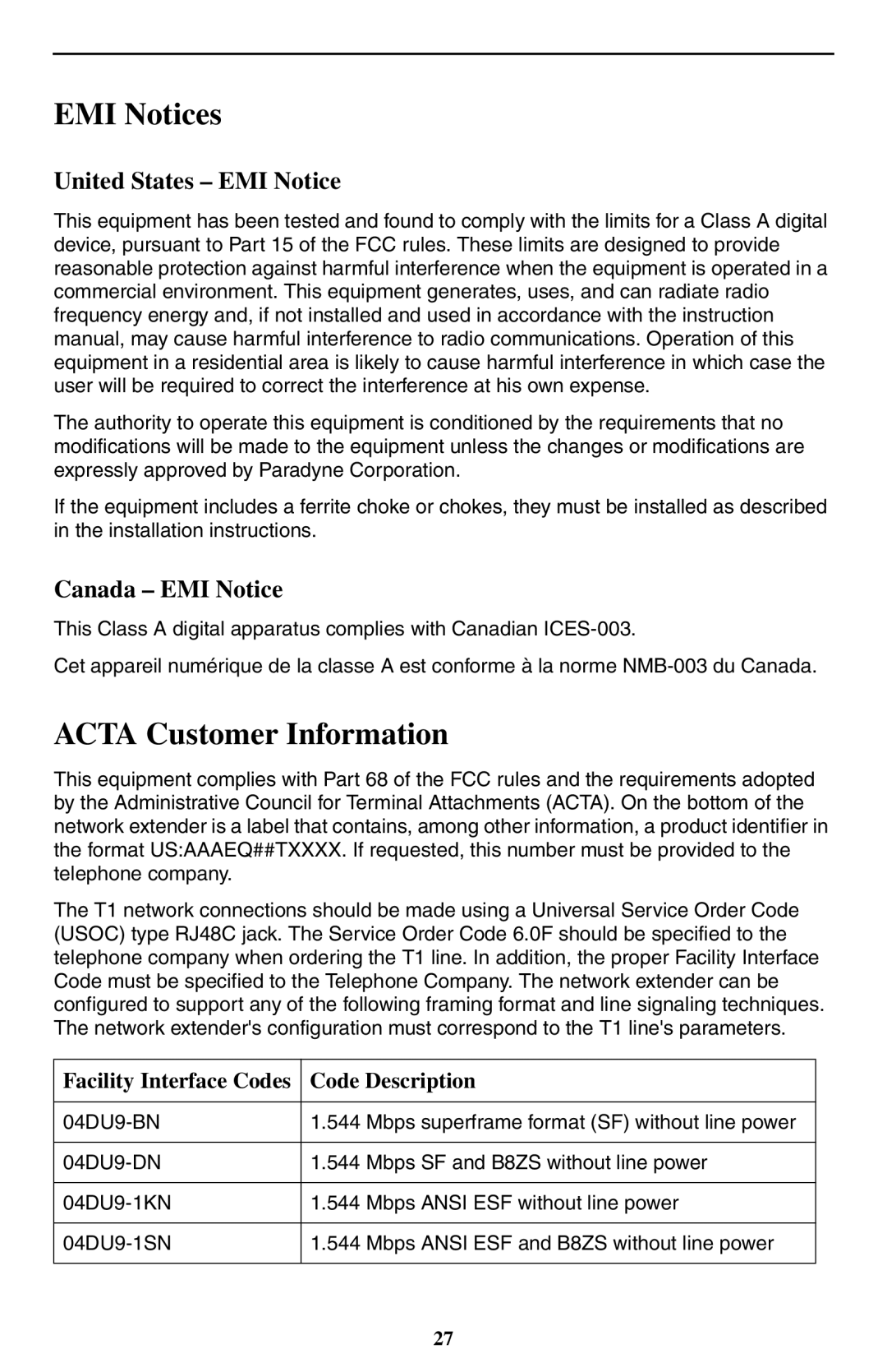 Paradyne SMD2000-24T EMI Notices, Acta Customer Information, United States EMI Notice, Canada EMI Notice 