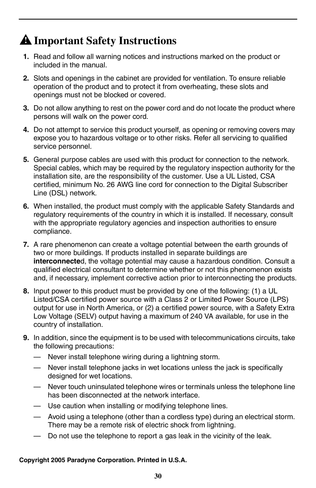 Paradyne SMD2000-24T installation instructions Important Safety Instructions 