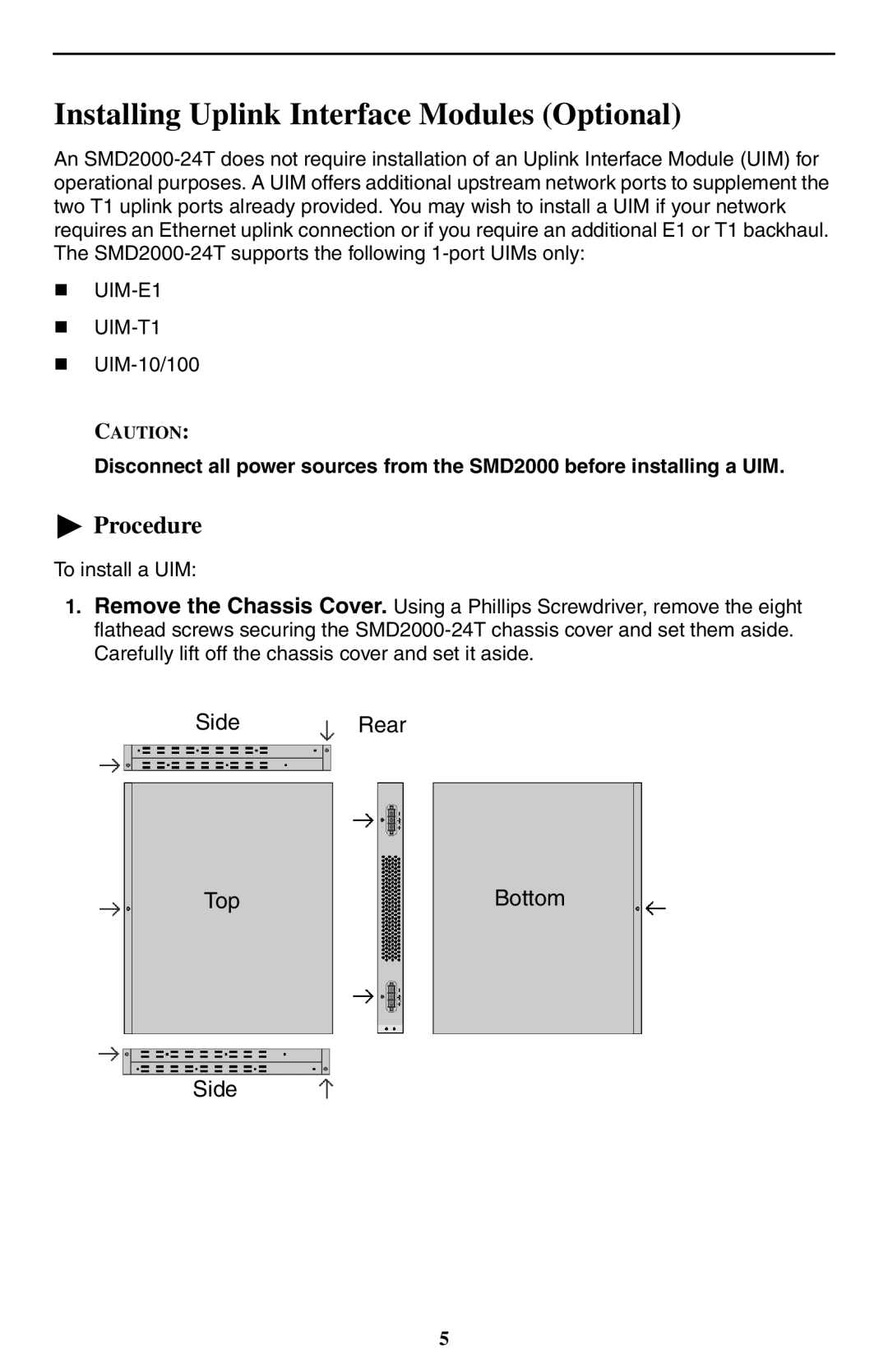 Paradyne SMD2000-24T installation instructions Installing Uplink Interface Modules Optional, Procedure 