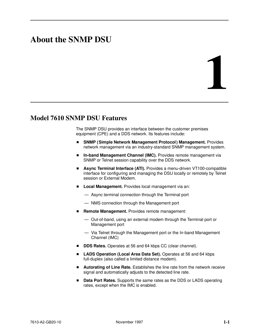 Paradyne SNMP DSU manual About the Snmp DSU, Model 7610 Snmp DSU Features 