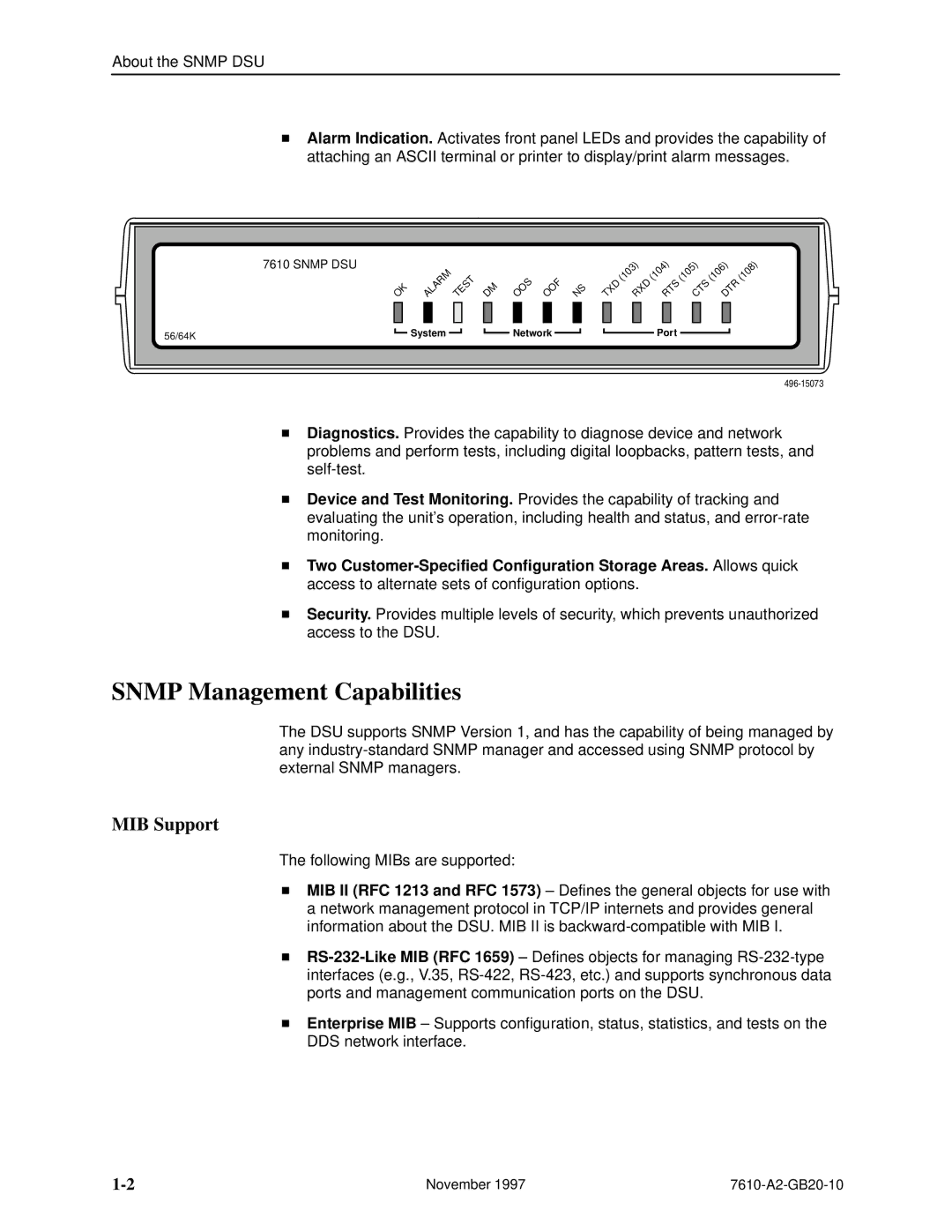 Paradyne 7610, SNMP DSU manual Snmp Management Capabilities, MIB Support 