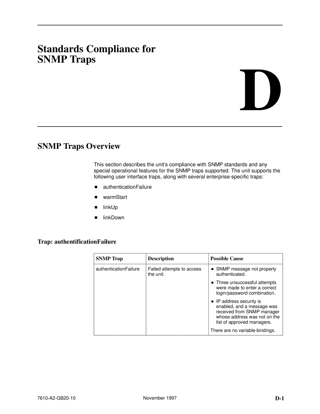 Paradyne SNMP DSU, 7610 manual Standards Compliance for Snmp Traps, Snmp Traps Overview, Trap authentificationFailure 