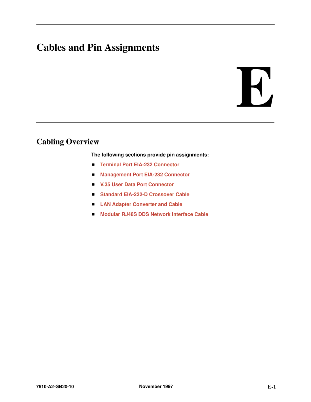 Paradyne SNMP DSU, 7610 manual Cables and Pin Assignments, Cabling Overview 