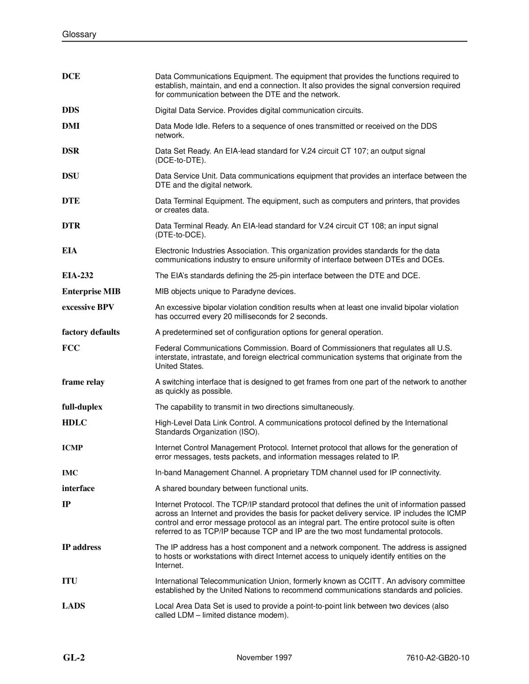 Paradyne SNMP DSU, 7610 manual EIA-232, Enterprise MIB, Excessive BPV, Factory defaults, Frame relay, Full-duplex, Interface 