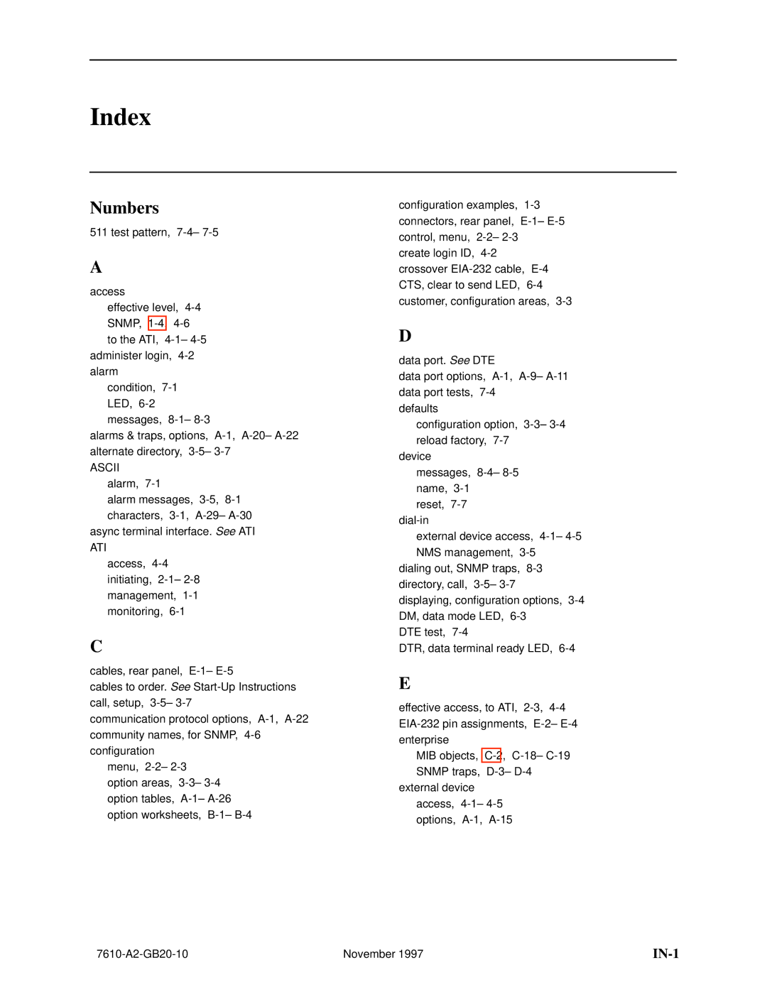 Paradyne 7610, SNMP DSU manual Index, Numbers 