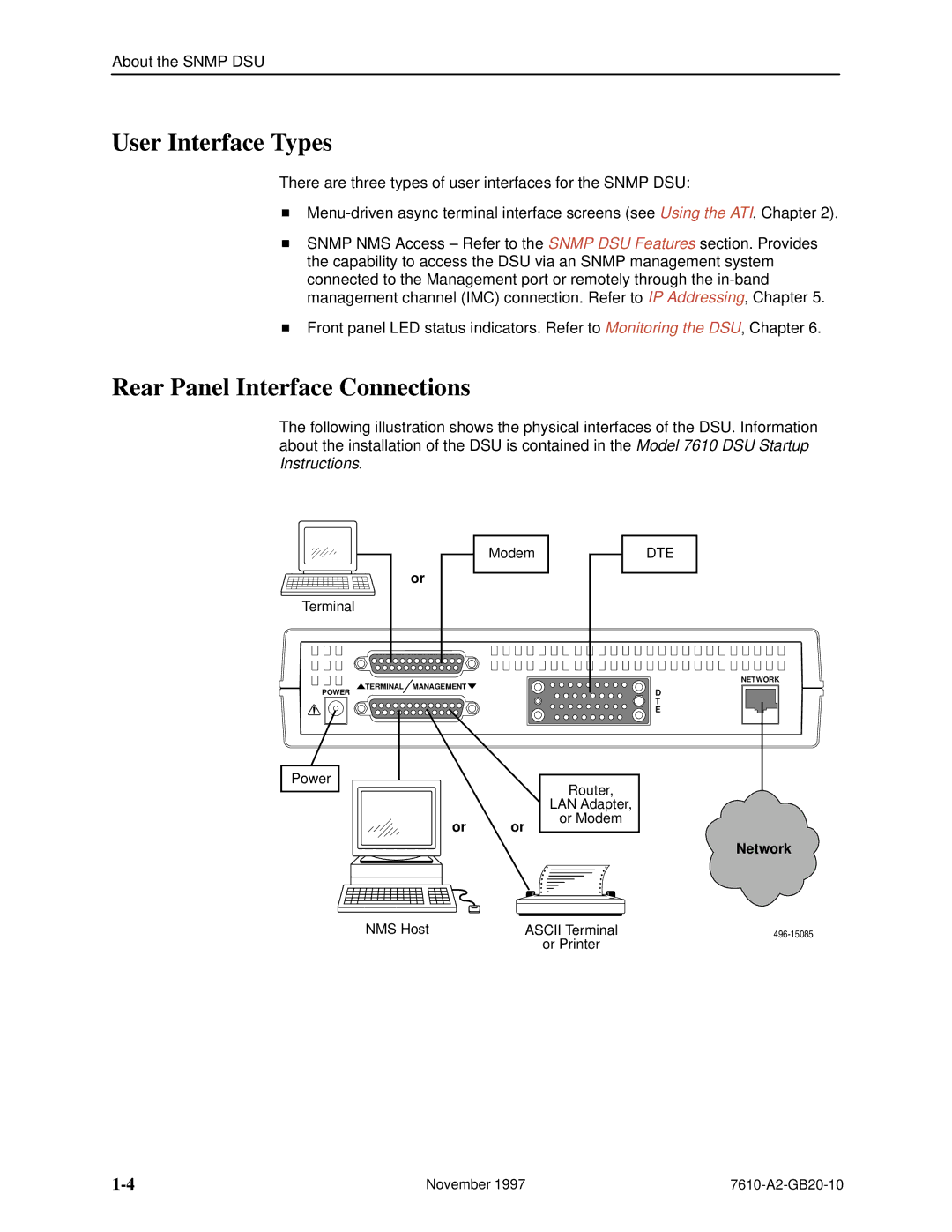 Paradyne 7610, SNMP DSU manual User Interface Types, Rear Panel Interface Connections, Modem, Terminal, Or or 