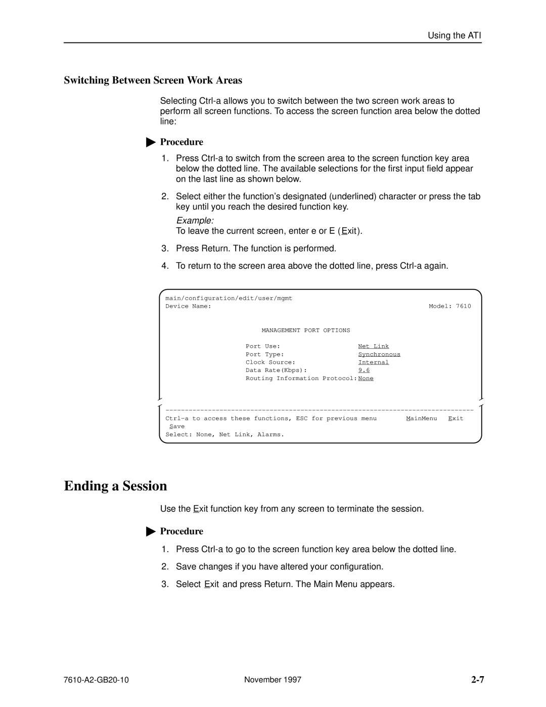 Paradyne SNMP DSU, 7610 manual Ending a Session, Switching Between Screen Work Areas 