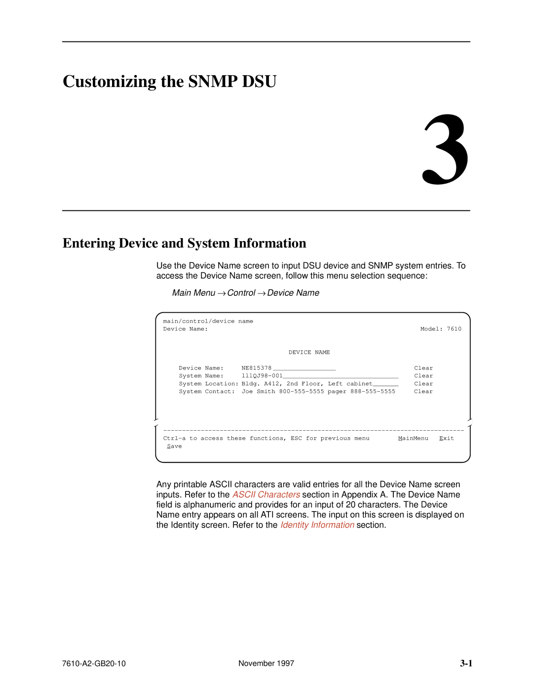 Paradyne 7610, SNMP DSU manual Customizing the Snmp DSU, Entering Device and System Information 