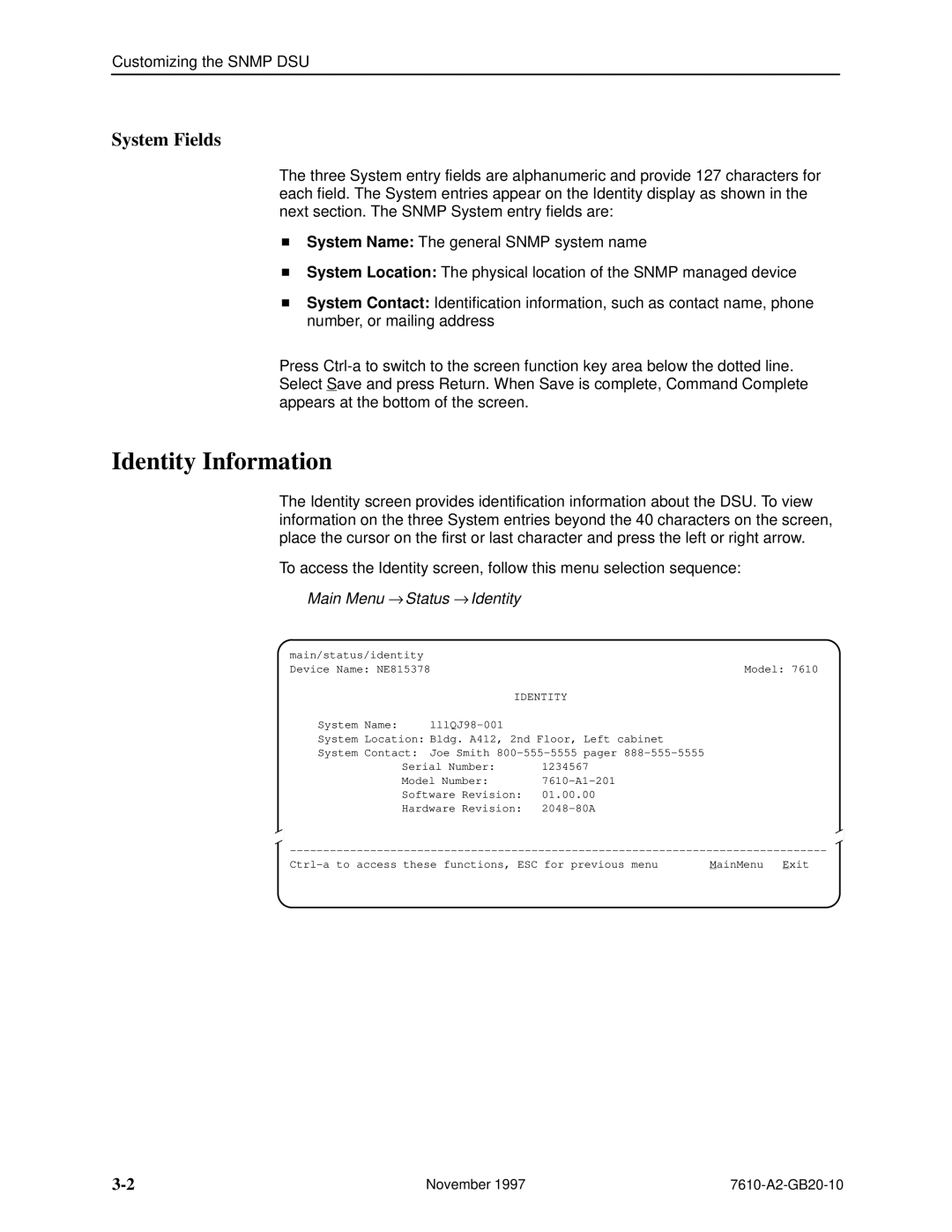 Paradyne SNMP DSU, 7610 manual Identity Information, System Fields 