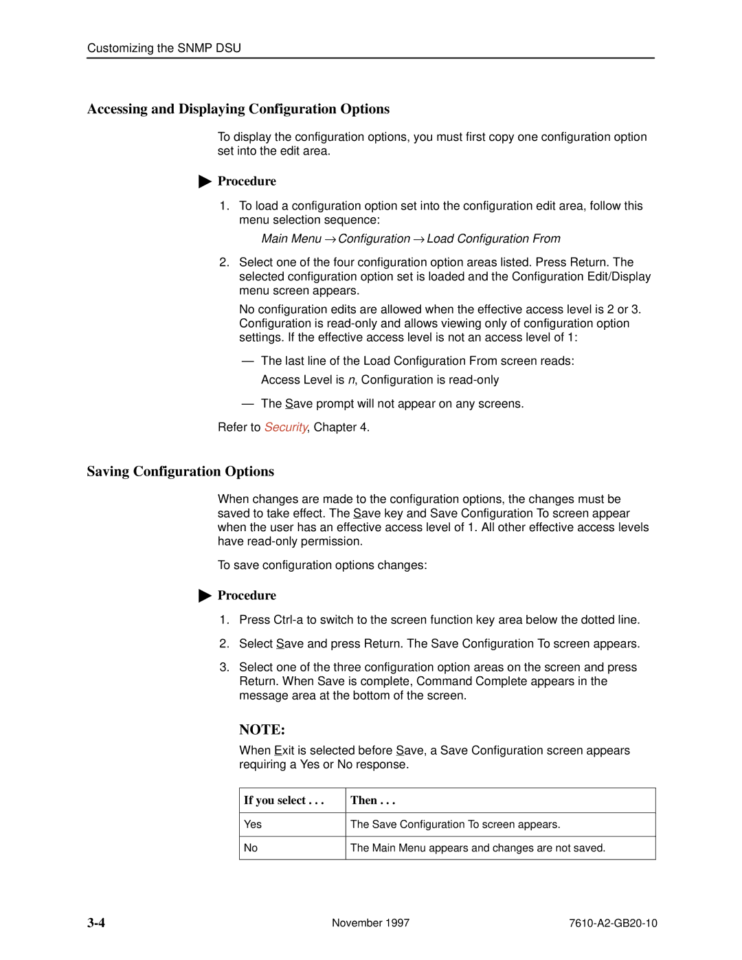 Paradyne SNMP DSU, 7610 Accessing and Displaying Configuration Options, Saving Configuration Options, If you select Then 