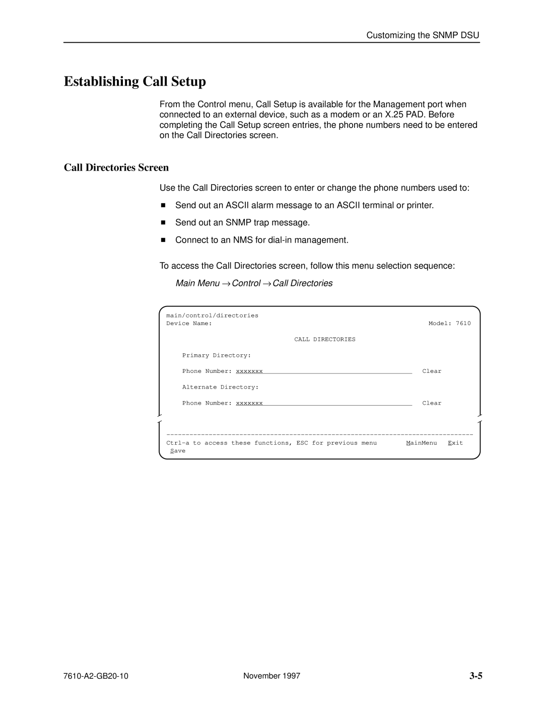 Paradyne 7610, SNMP DSU manual Establishing Call Setup, Call Directories Screen 