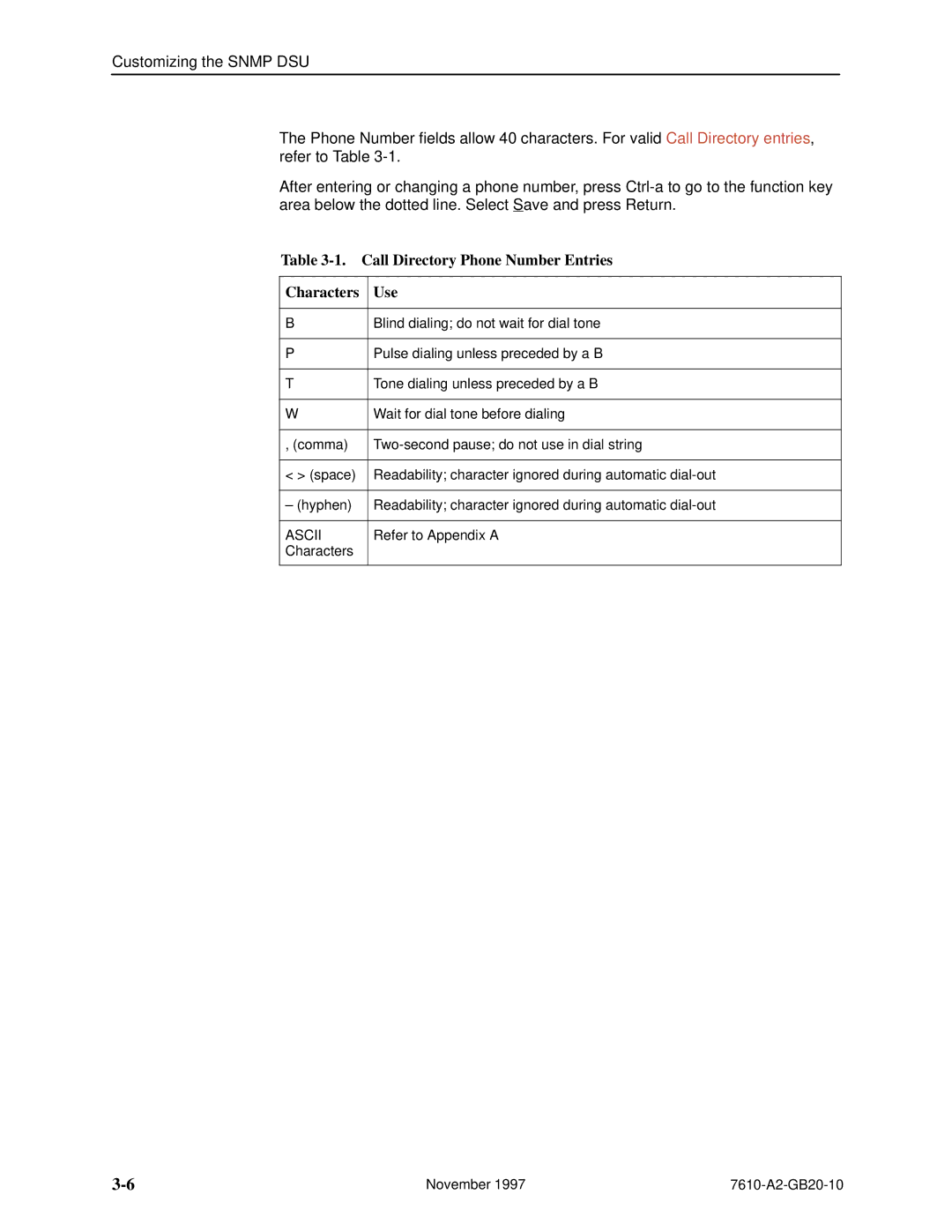 Paradyne SNMP DSU, 7610 manual Call Directory Phone Number Entries Characters Use 