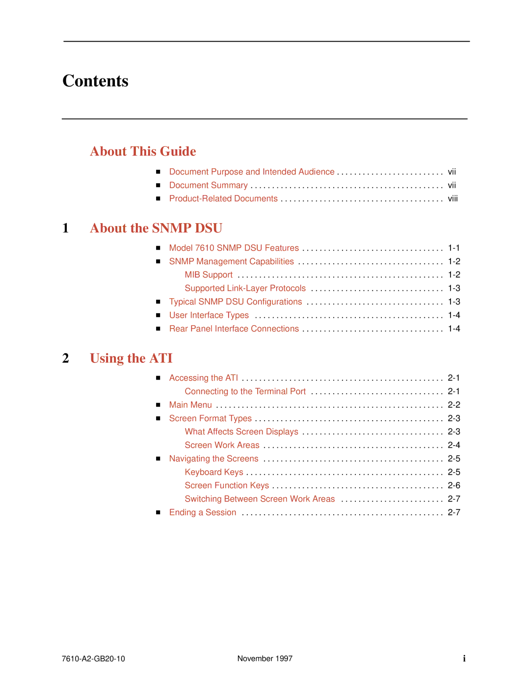 Paradyne 7610, SNMP DSU manual Contents 