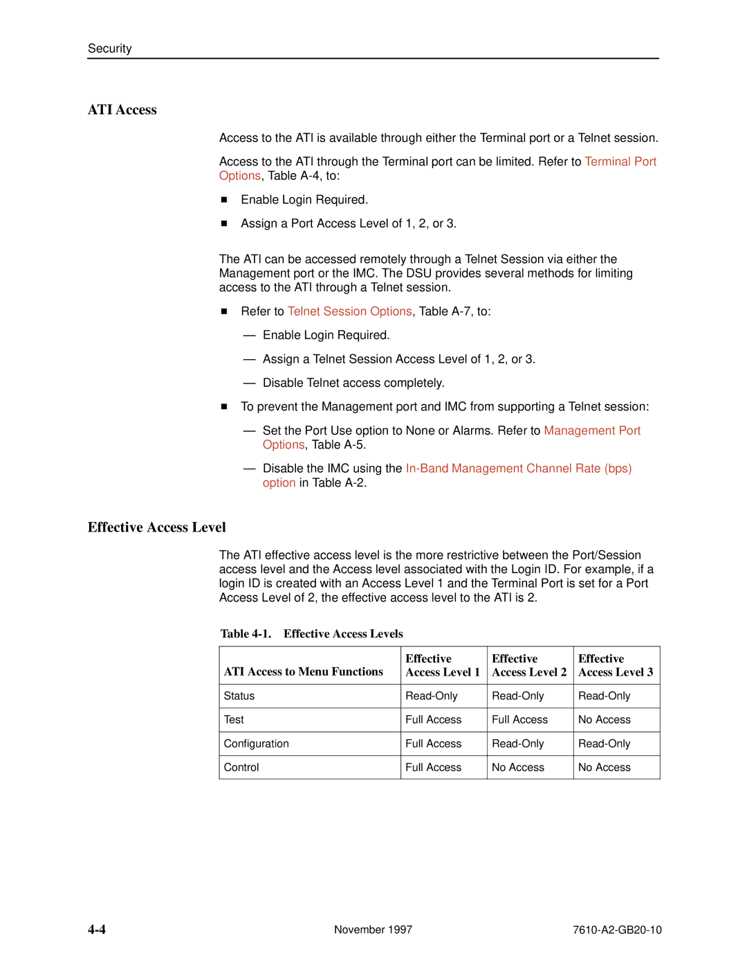 Paradyne 7610, SNMP DSU manual Effective Access Levels ATI Access to Menu Functions 