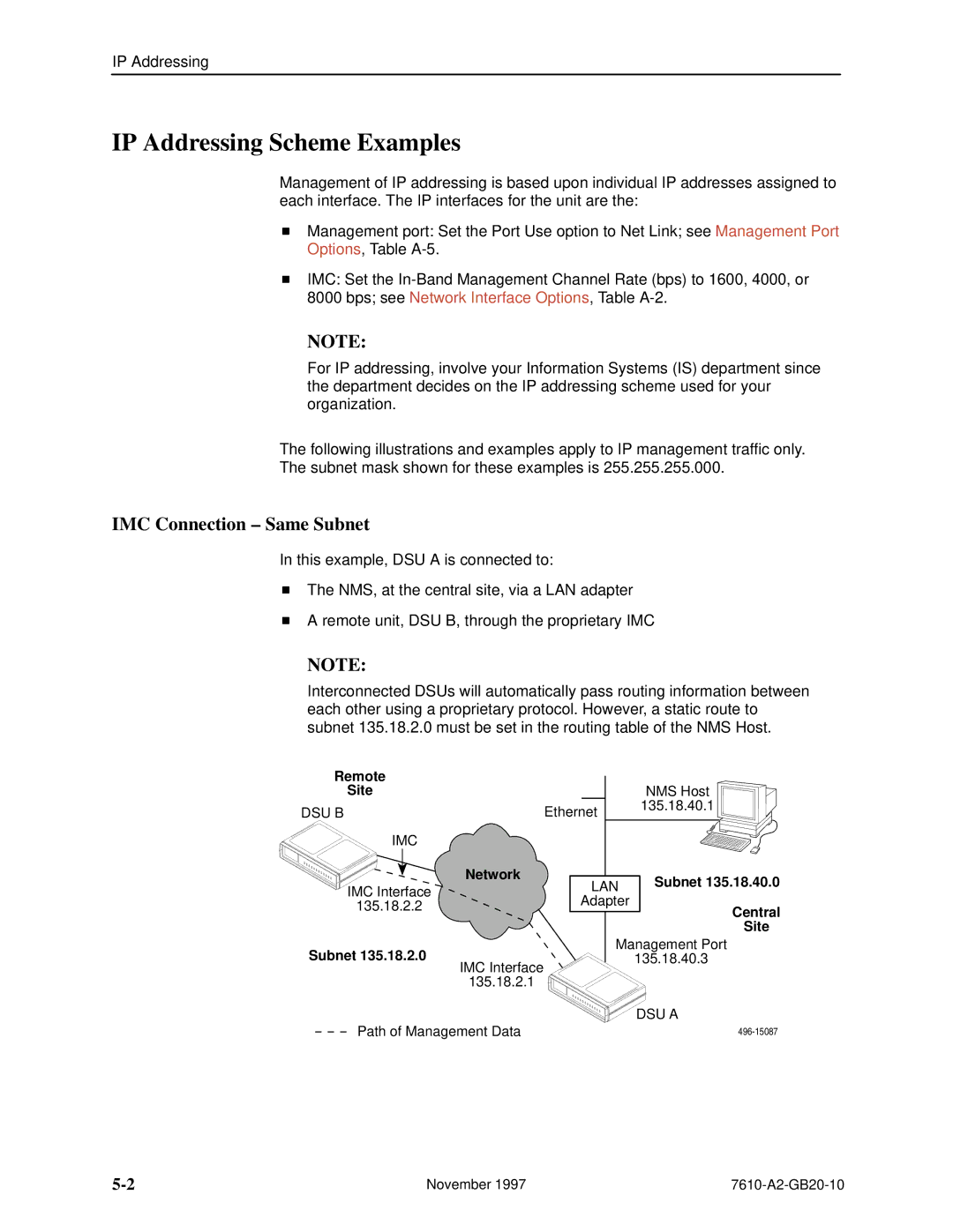 Paradyne 7610, SNMP DSU manual IP Addressing Scheme Examples, IMC Connection ± Same Subnet, Remote Site, Central 