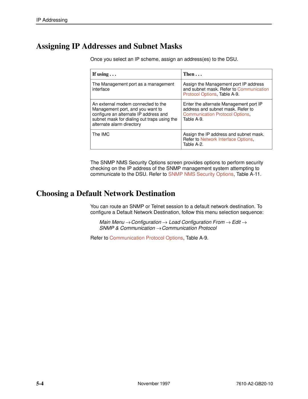 Paradyne 7610, SNMP DSU Assigning IP Addresses and Subnet Masks, Choosing a Default Network Destination, If using Then 