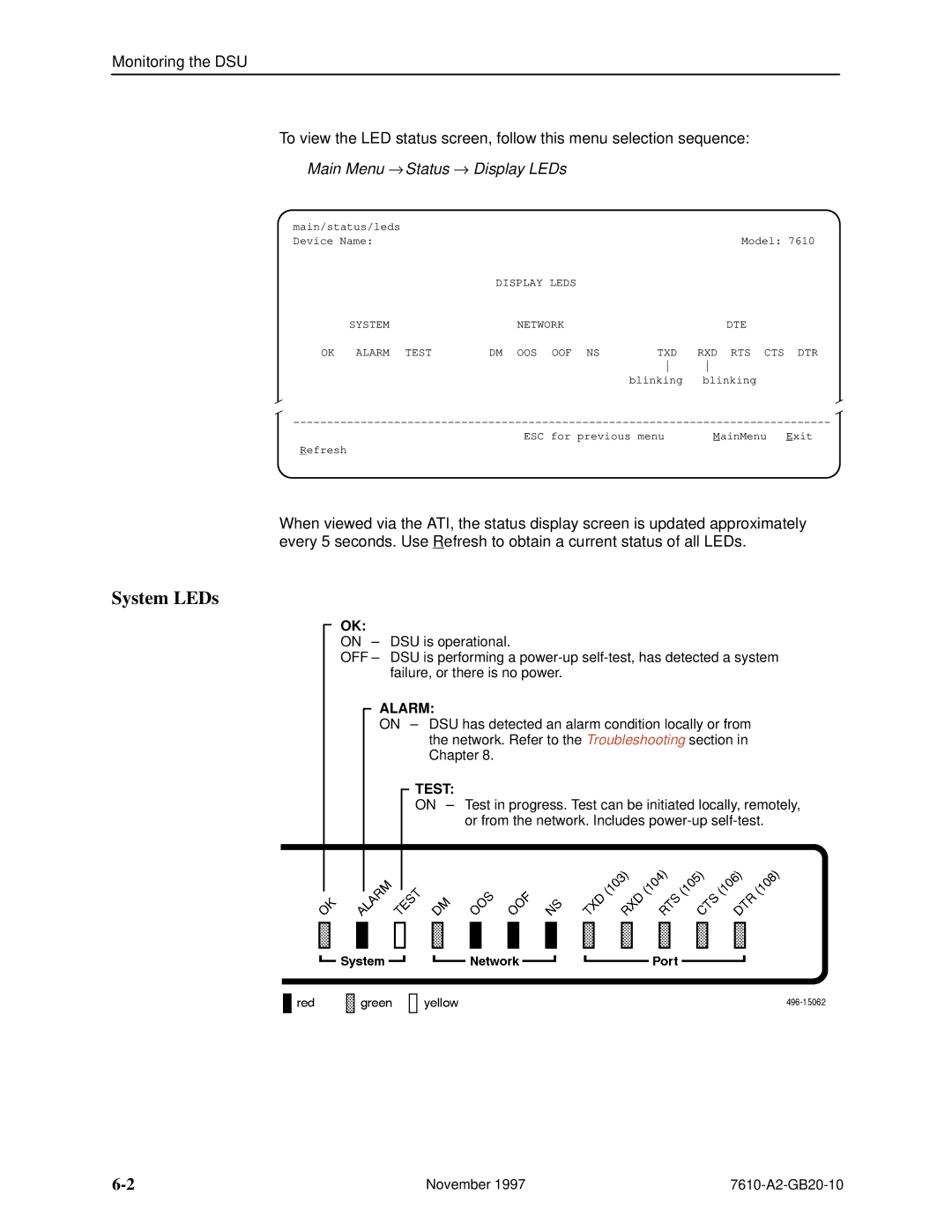 Paradyne 7610, SNMP DSU manual System LEDs, Main Menu → Status → Display LEDs 