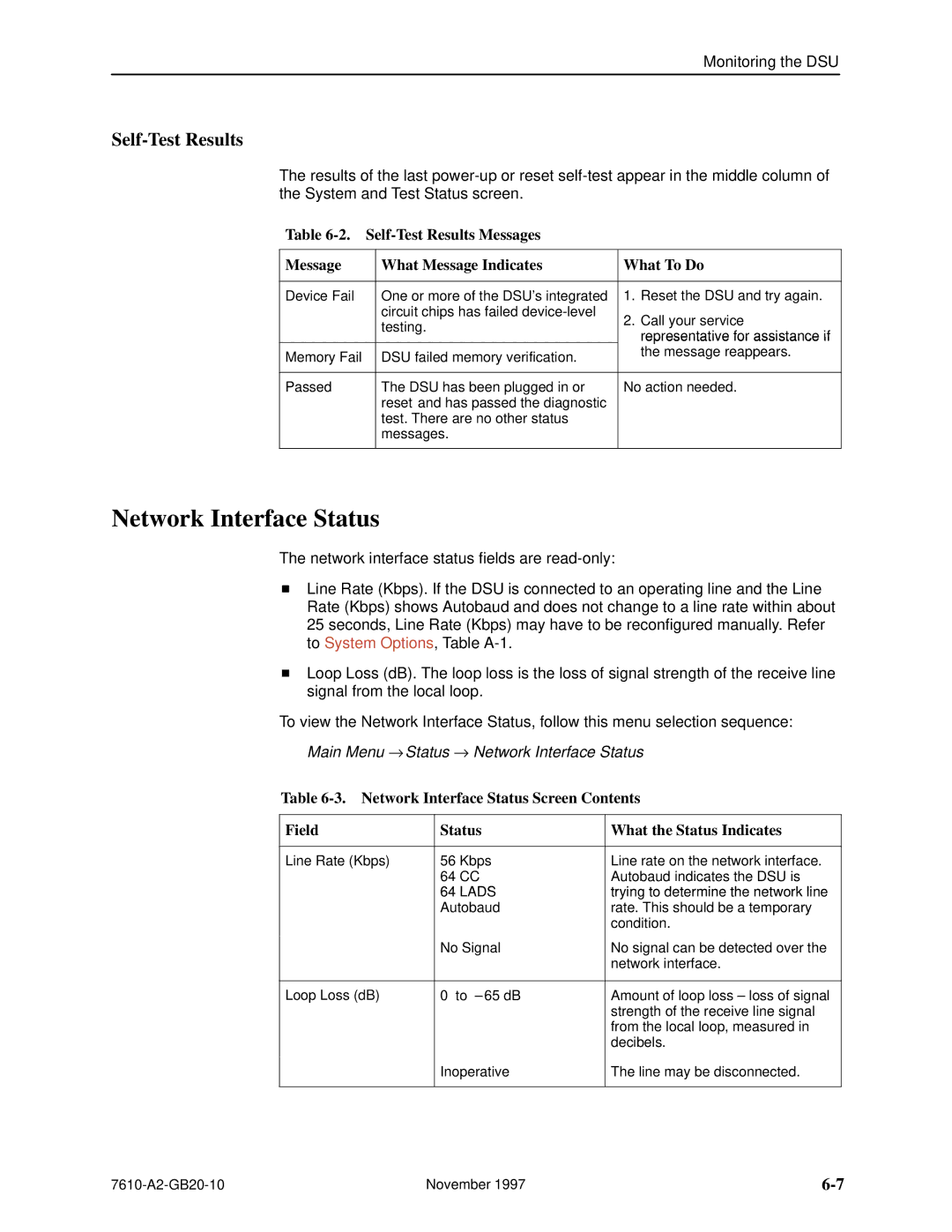 Paradyne SNMP DSU, 7610 manual Network Interface Status, Self-Test Results 