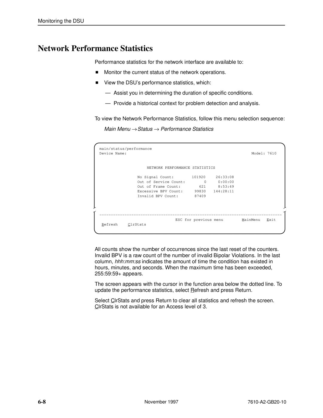 Paradyne 7610, SNMP DSU manual Network Performance Statistics 