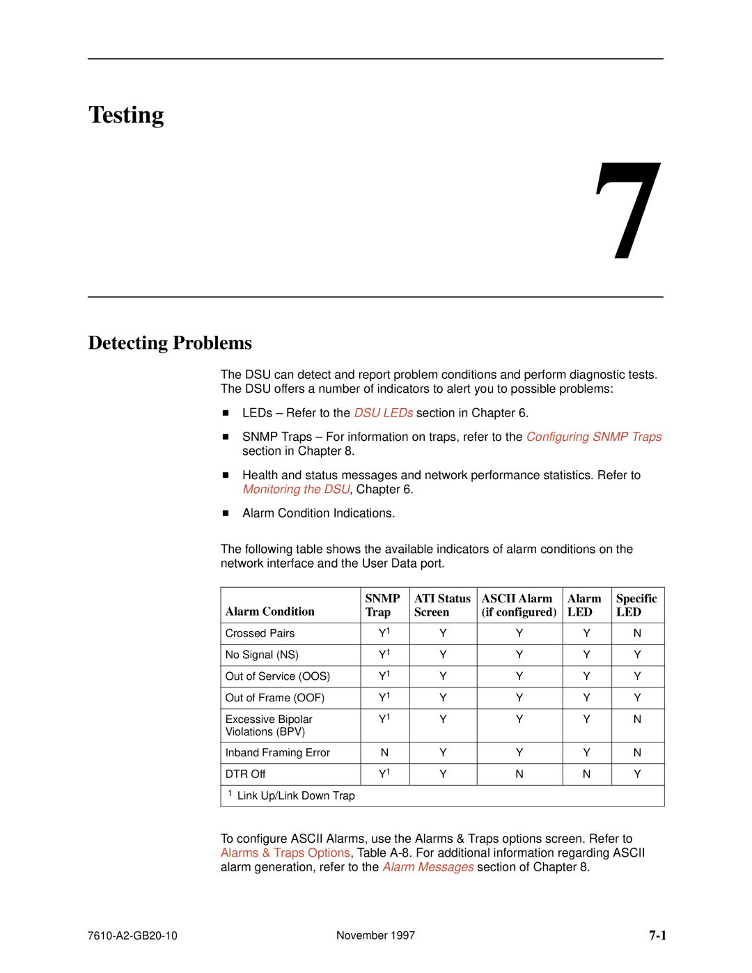 Paradyne SNMP DSU Testing, Detecting Problems, Alarm Condition, Trap ATI Status Ascii Alarm Screen If configured, Specific 