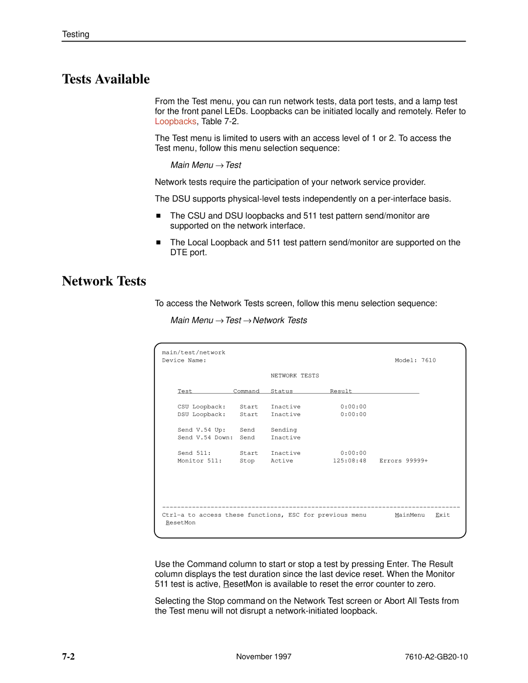 Paradyne 7610, SNMP DSU manual Tests Available, Network Tests 