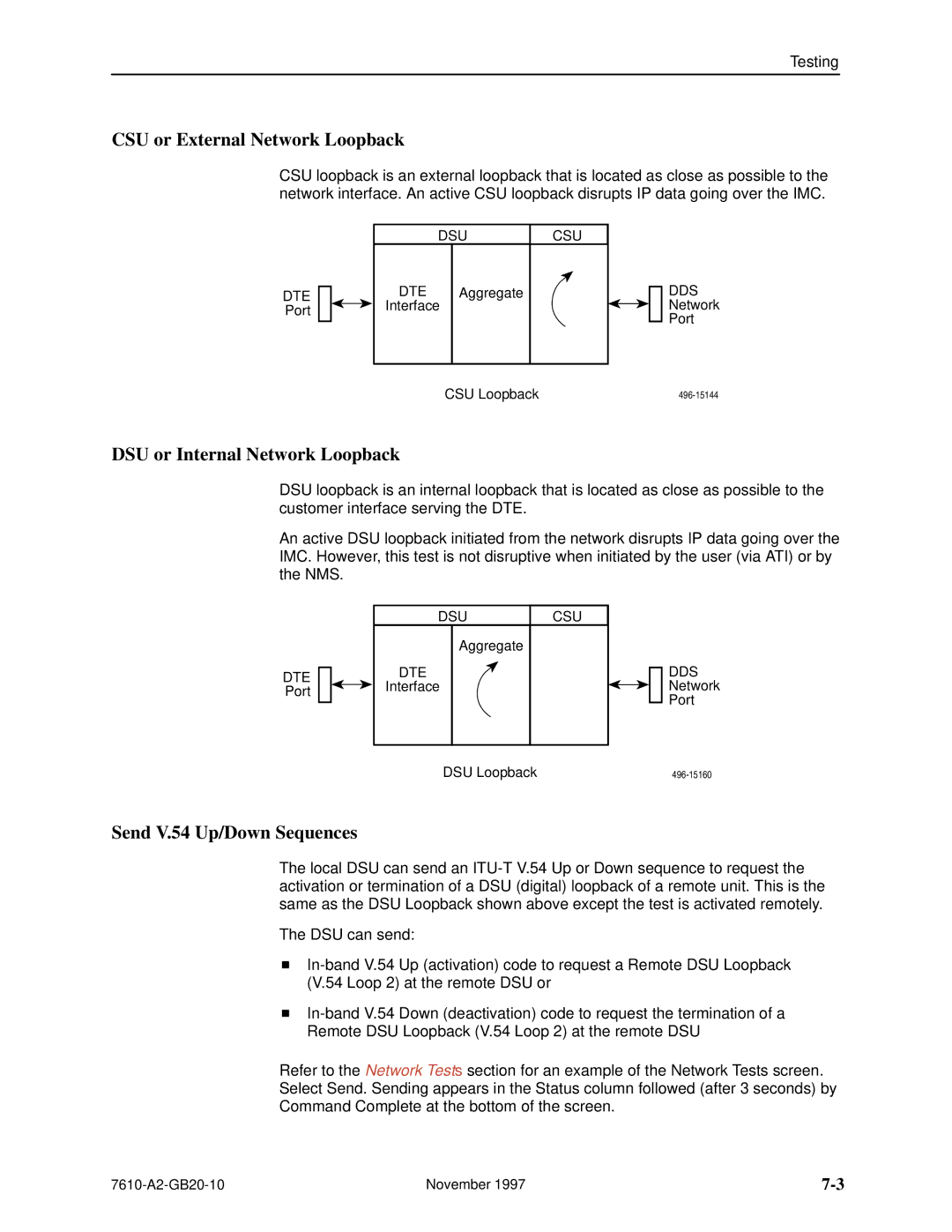 Paradyne SNMP DSU, 7610 CSU or External Network Loopback, DSU or Internal Network Loopback, Send V.54 Up/Down Sequences 