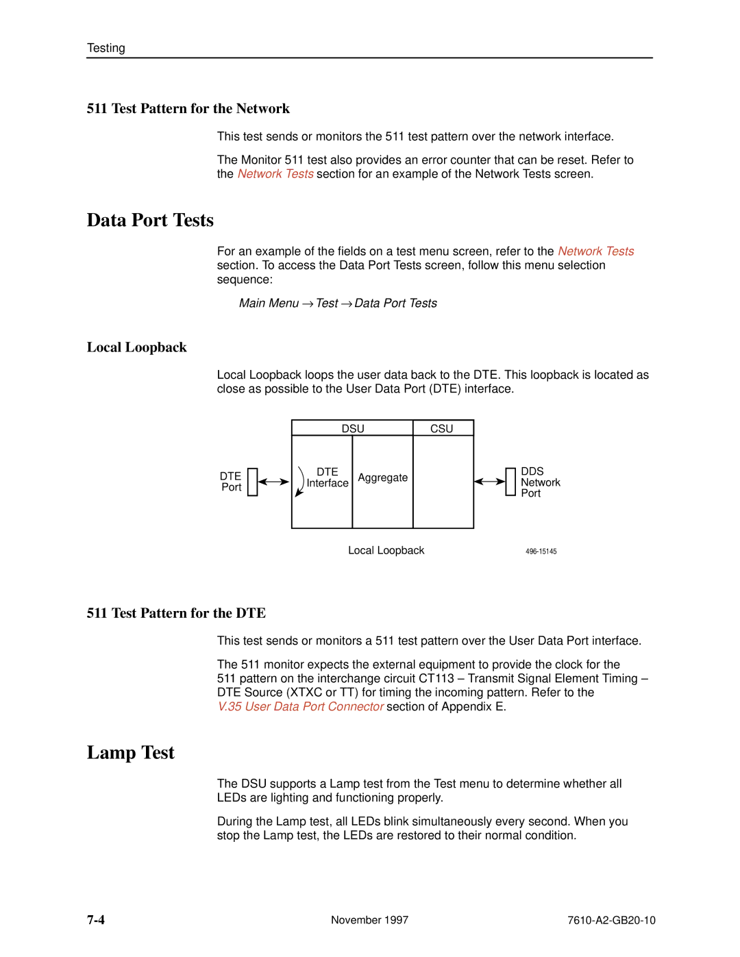 Paradyne 7610, SNMP DSU Data Port Tests, Lamp Test, Test Pattern for the Network, Local Loopback, Test Pattern for the DTE 