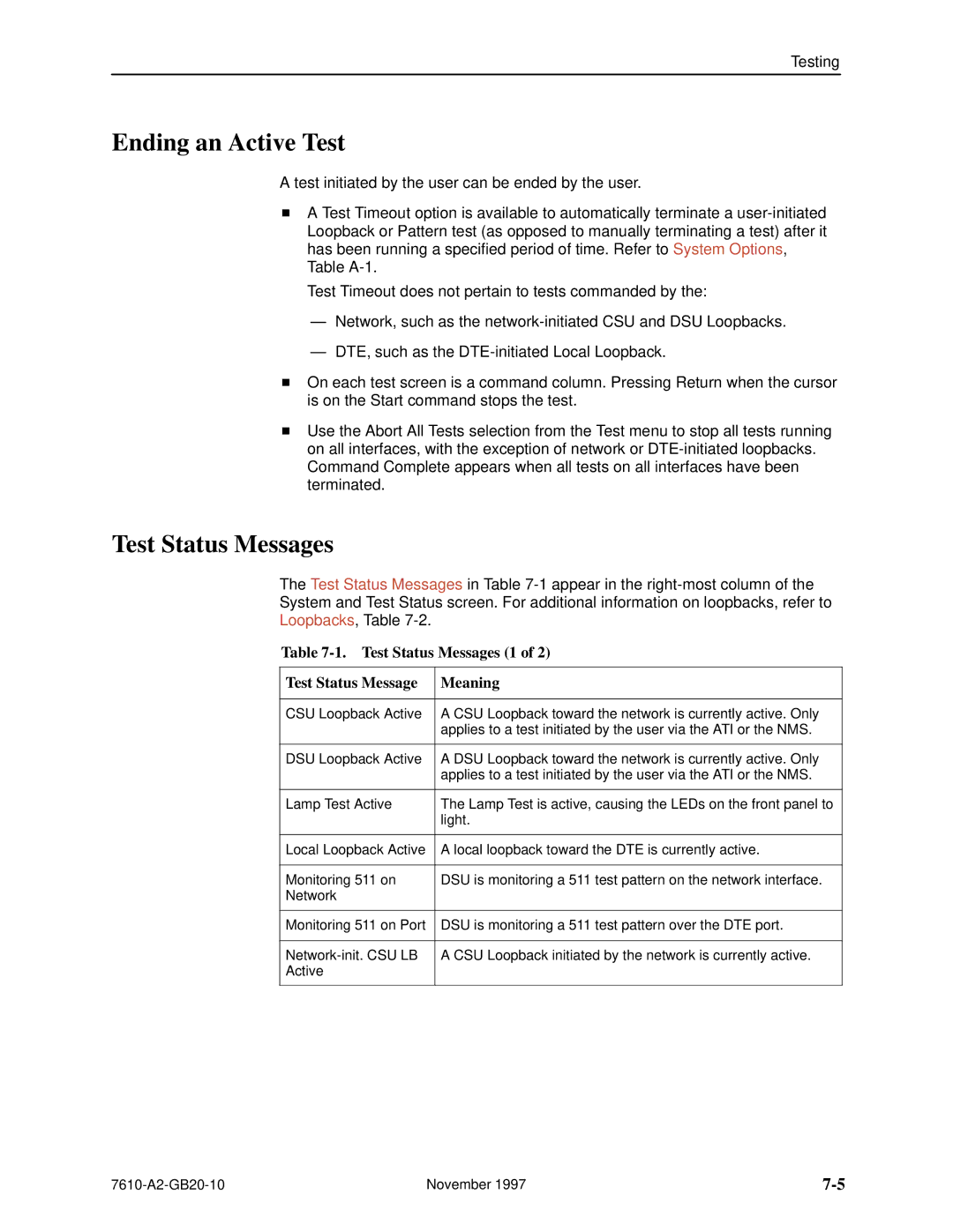 Paradyne SNMP DSU, 7610 manual Ending an Active Test, Test Status Messages 1 Meaning 