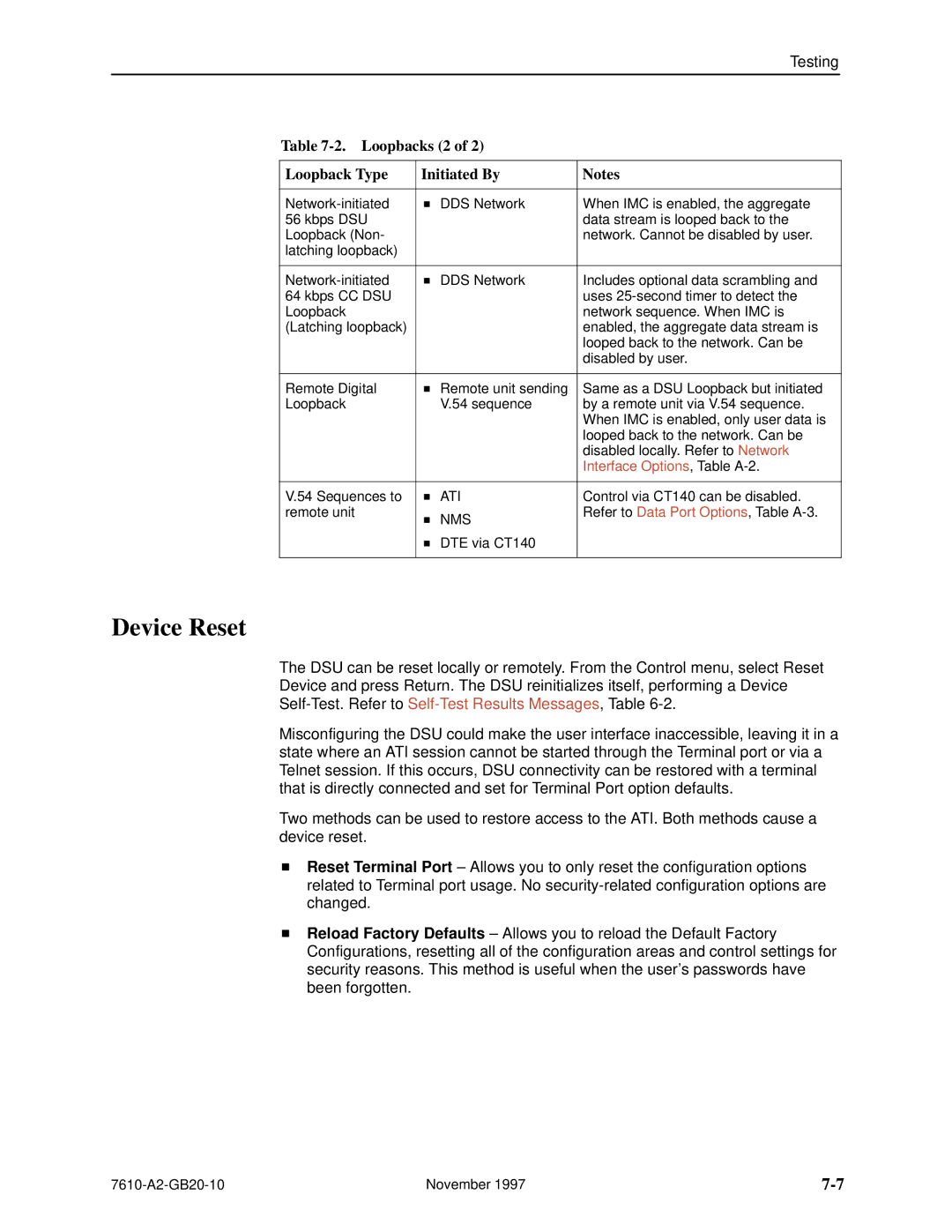 Paradyne SNMP DSU, 7610 manual Device Reset, Loopbacks 2 Loopback Type Initiated By 