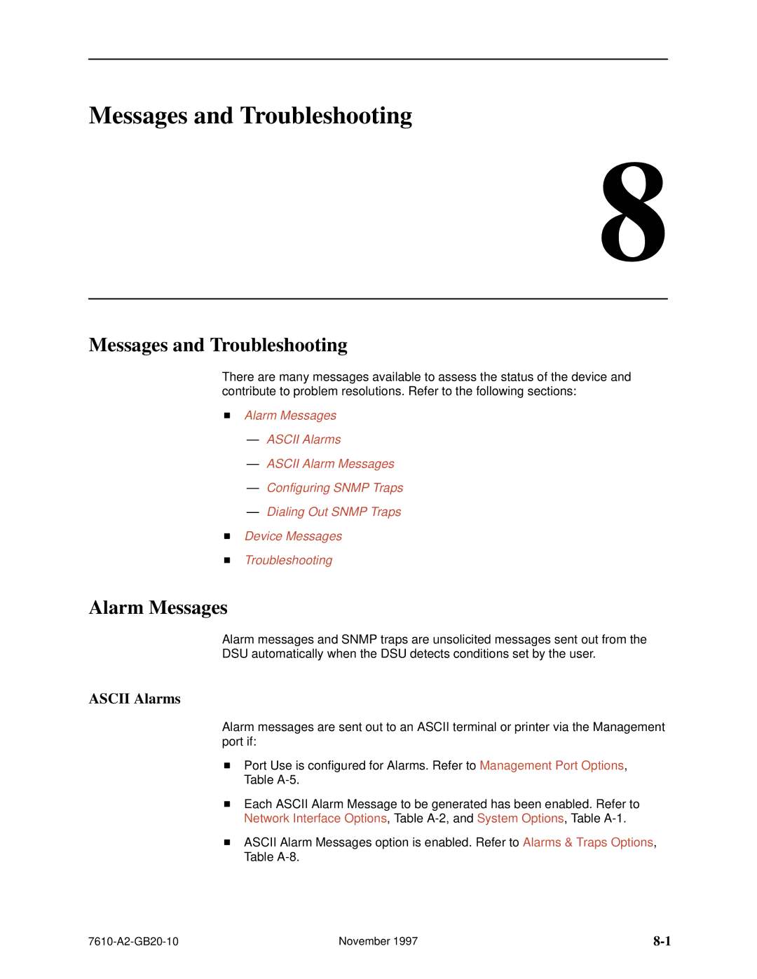 Paradyne SNMP DSU, 7610 manual Messages and Troubleshooting, Alarm Messages, Ascii Alarms 