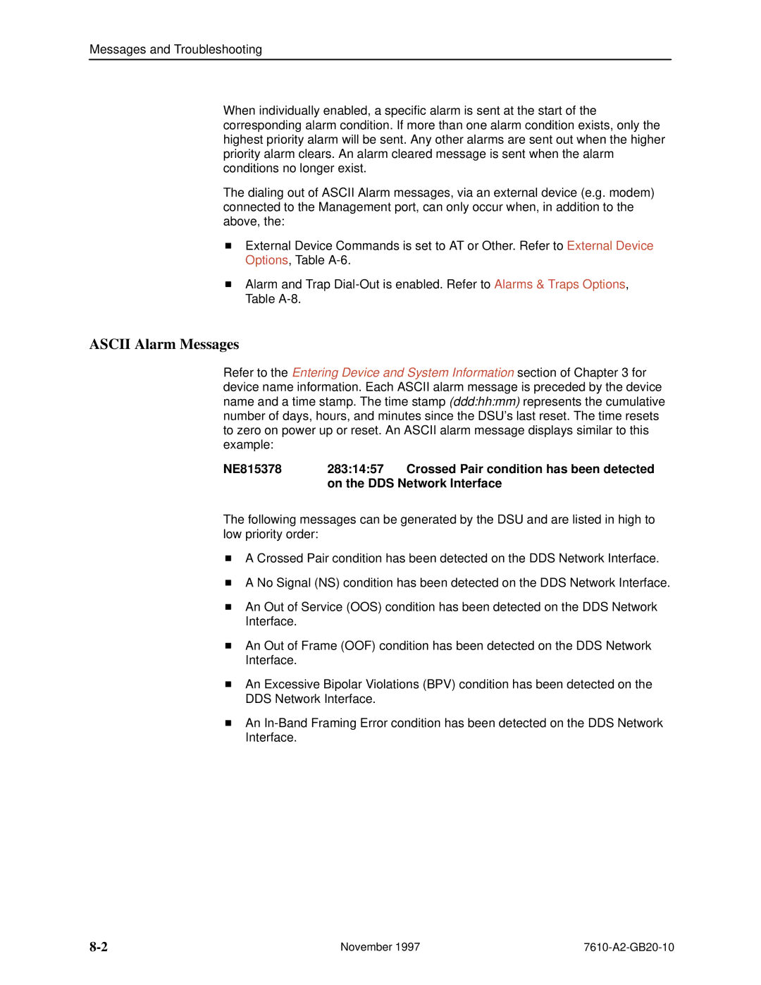 Paradyne 7610, SNMP DSU manual Ascii Alarm Messages 